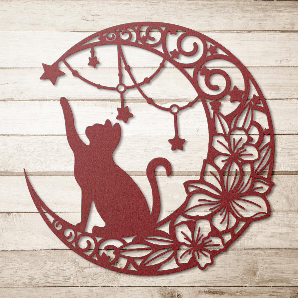 Black Cat Wall Art - Celestial Metal Decor | Crescent Moon Sign With Flower Star Design