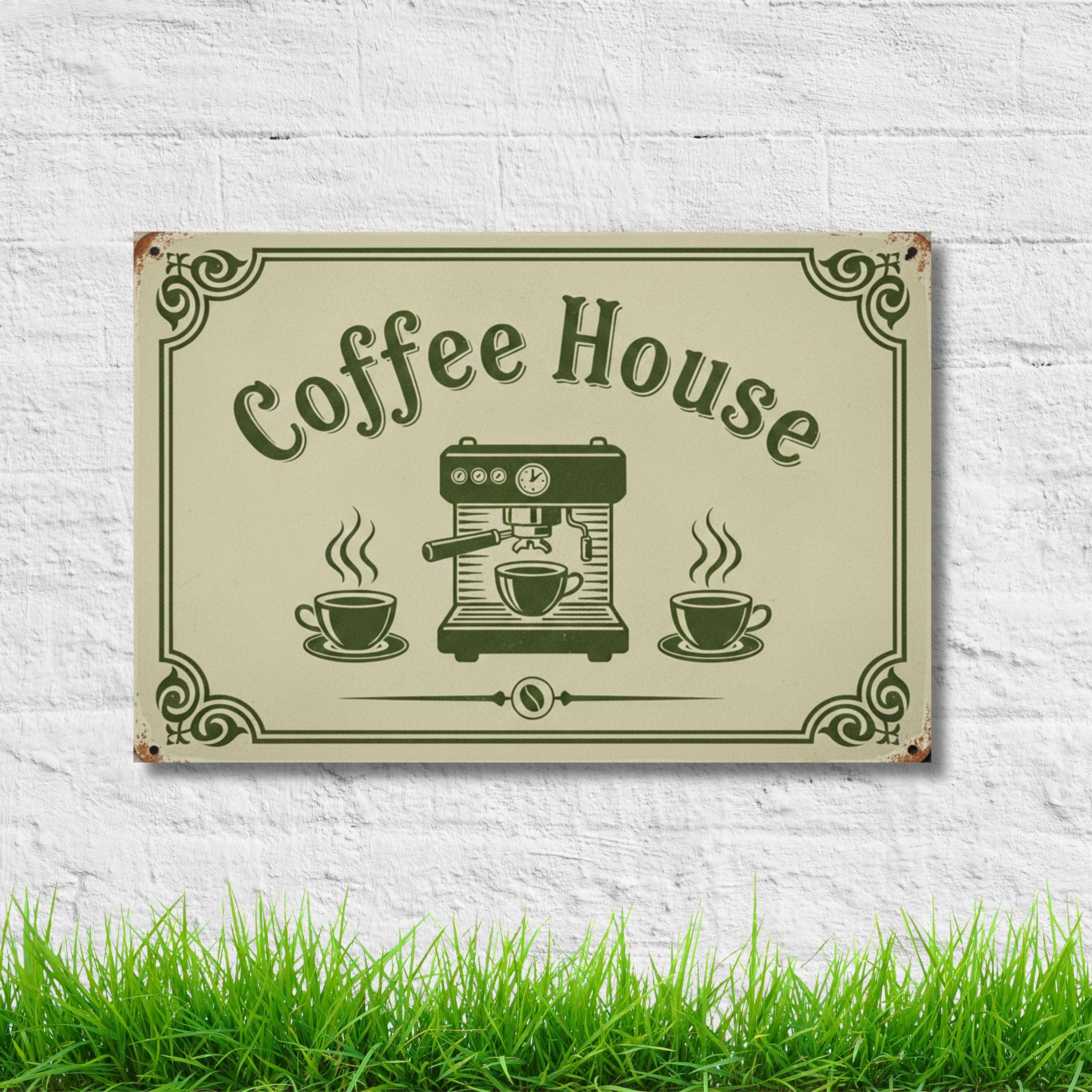 Coffee House Metal Sign, Vintage Espresso Machine Art, Coffee Station Decor, Cafe Wall