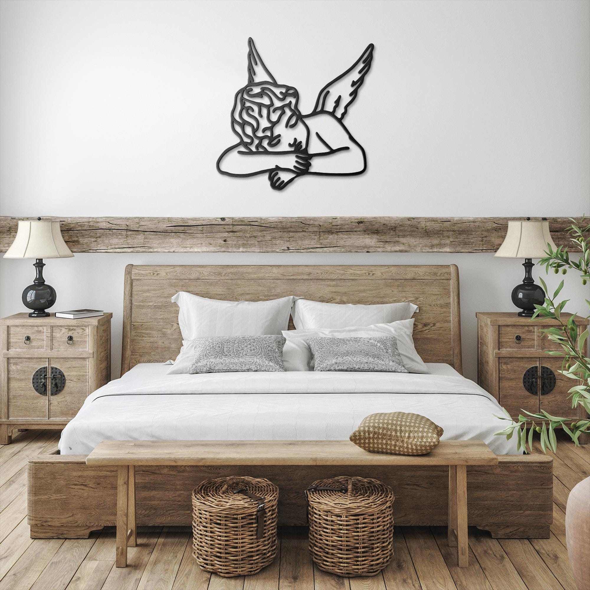 Sleeping Angel Metal Wall Art | Cherub Die-Cut Sign | Ethereal Line Art Home Decor