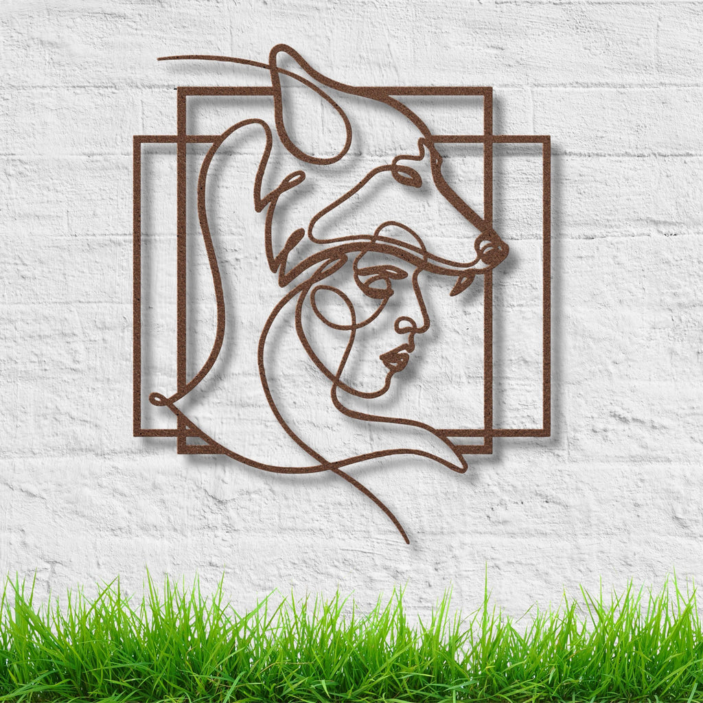 Woman and Wolf Metal Art, Minimalist Line Sign, Spirit Animal Decor, Wild Nature Gift, Black Metal Wall Art