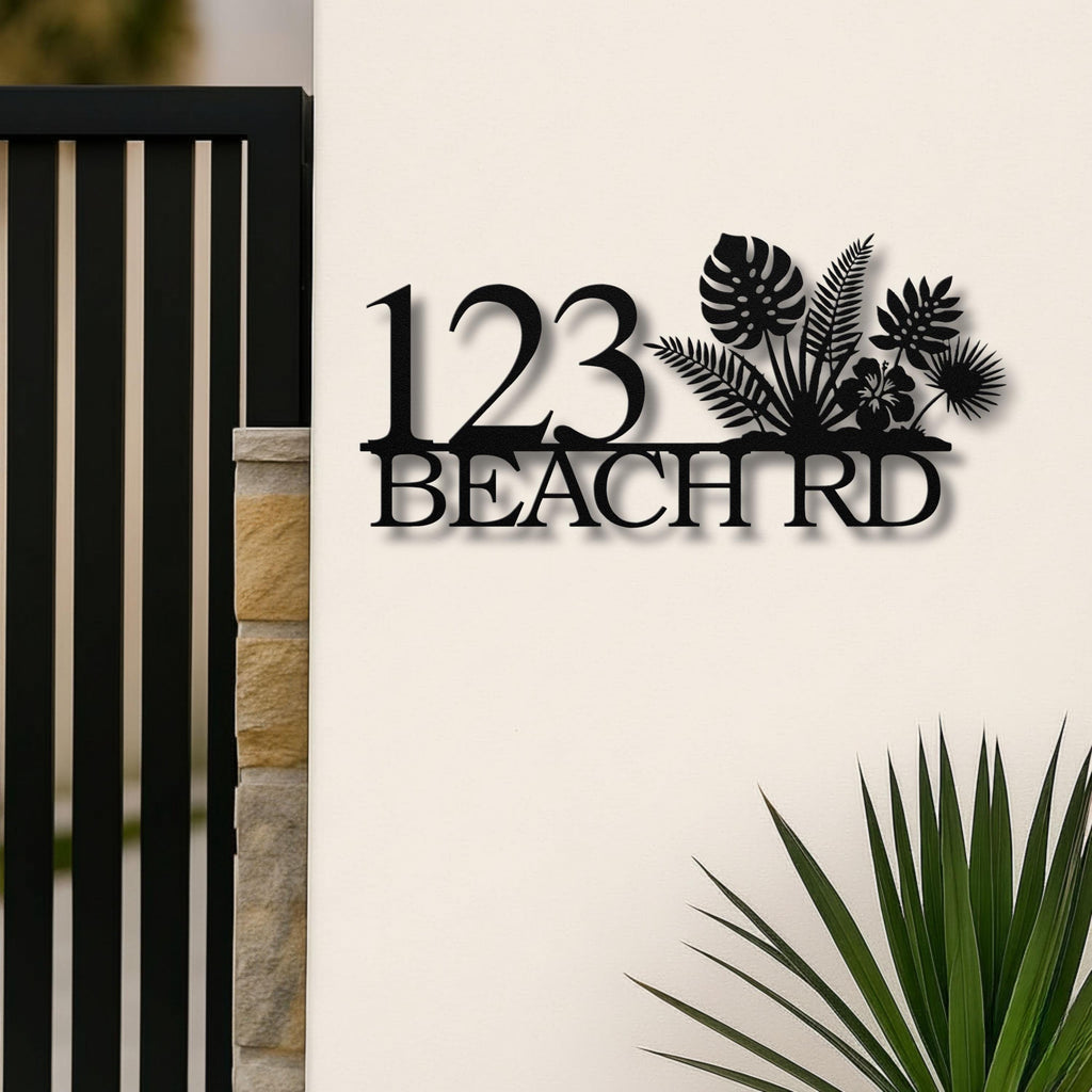 Personalized Beach House Number Sign, Tropical Metal Address Plaque, Palm Leaf Hibiscus Decor, Coastal Home Gift