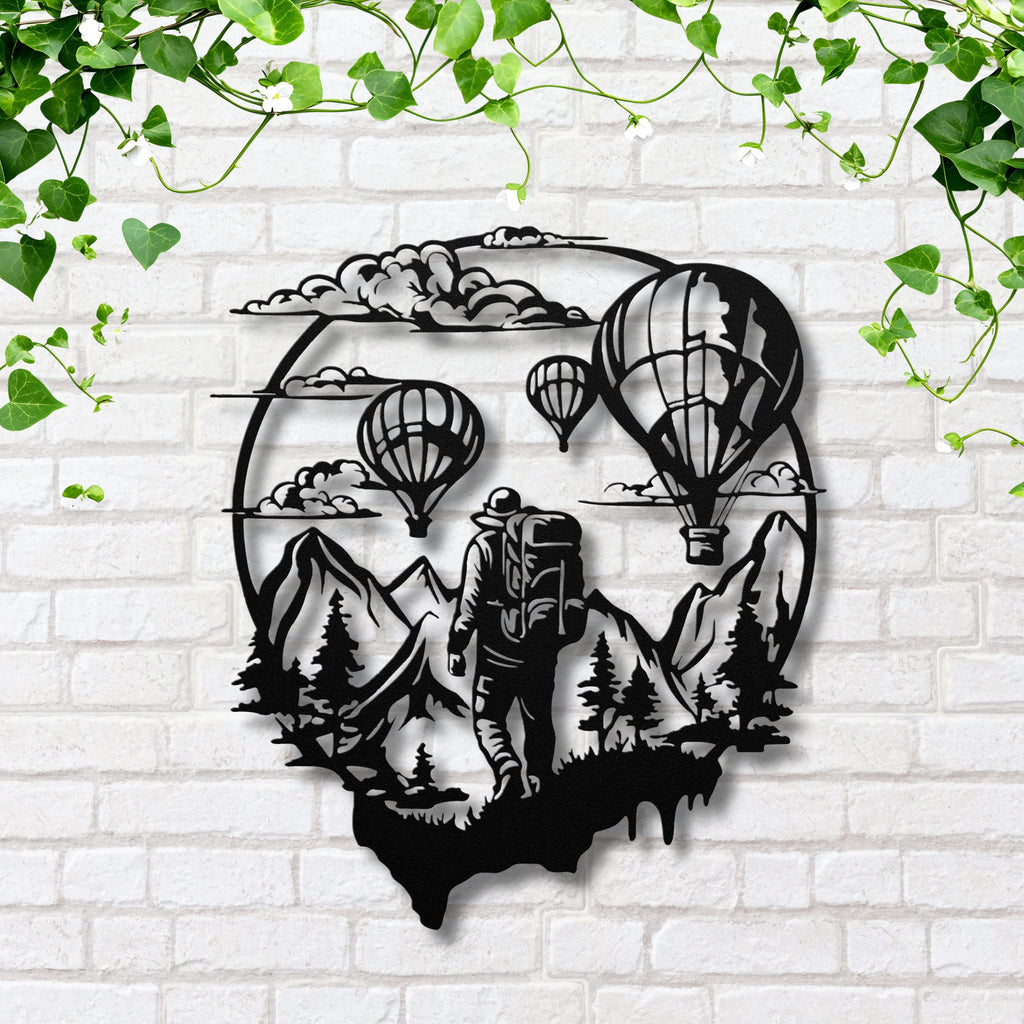 Adventure Hiker Hot Air Balloon Metal Wall Art | Travel Nature Scene Decor | Black Die-Cut Mountain Home Gift