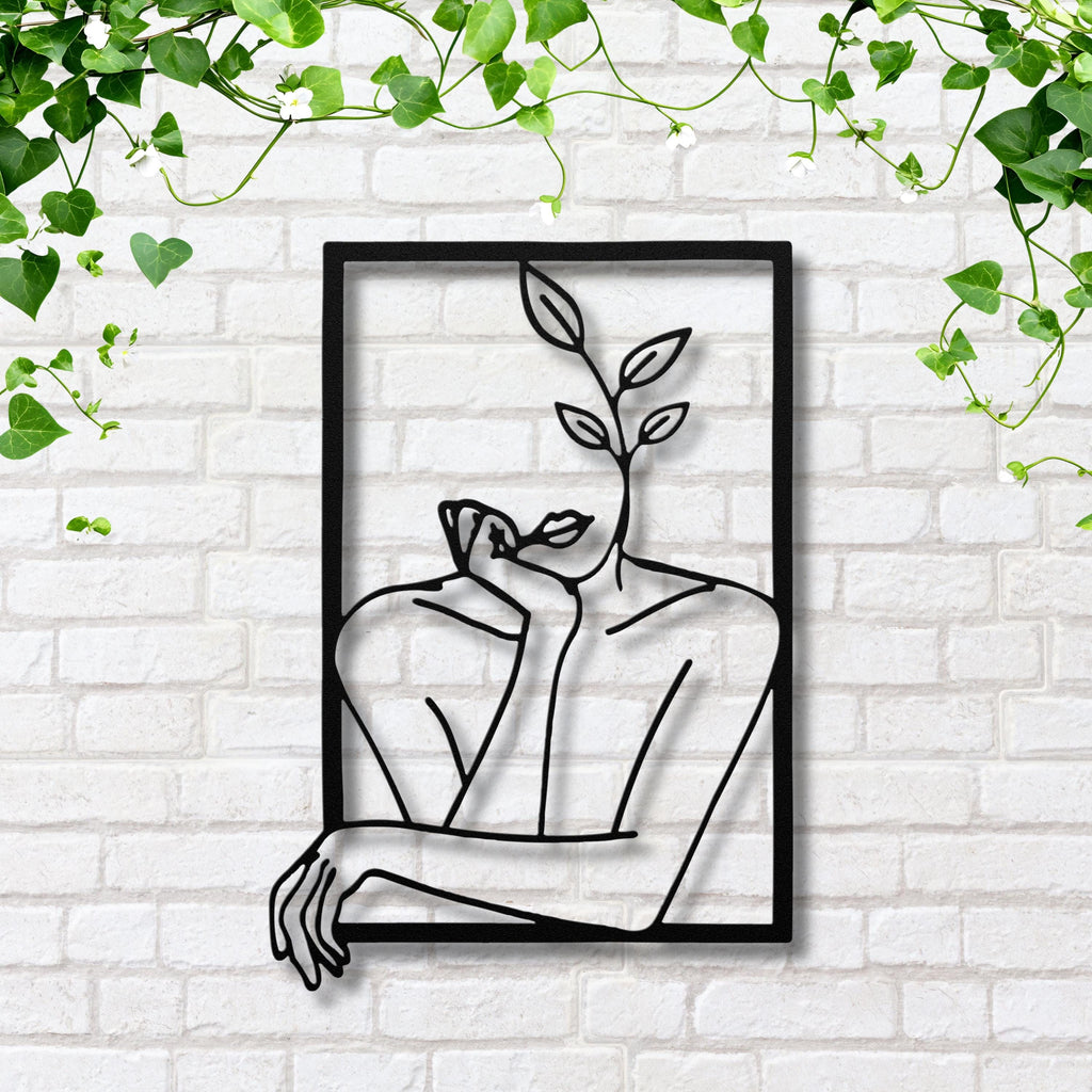 Abstract Woman Face Metal Wall Art, Minimalist Line Drawing, Botanical Plant Decor, Modern Feminine Art, Above Bed Art Gift