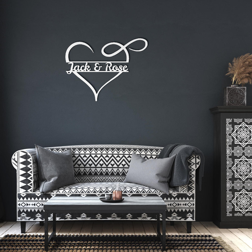 Personalized Infinity Heart Metal Sign: Custom Couple Name Wall Art, Wedding Anniversary Gift, Forever Love Die Cut Decor