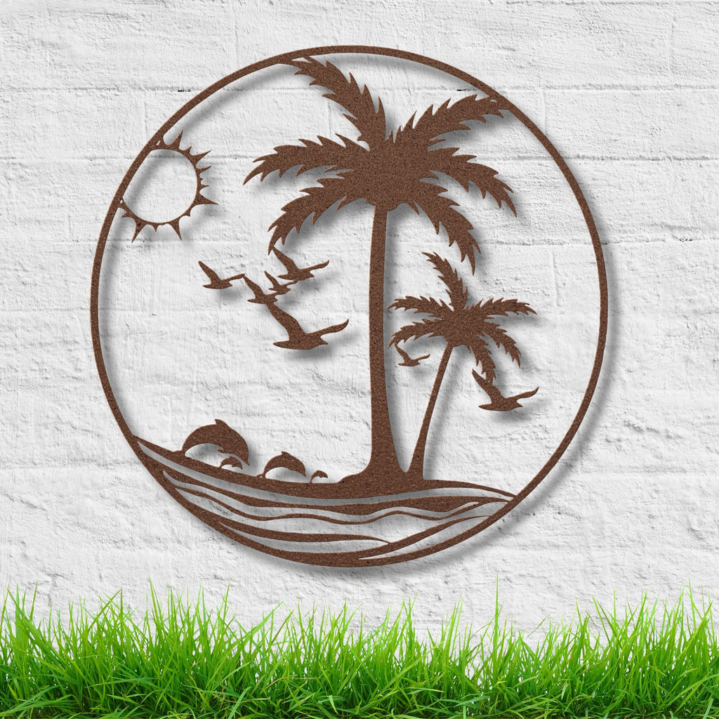 Tropical Beach Metal Wall Art, Palm Tree Dolphin Die Cut Sign, Coastal Island Home Decor Gift