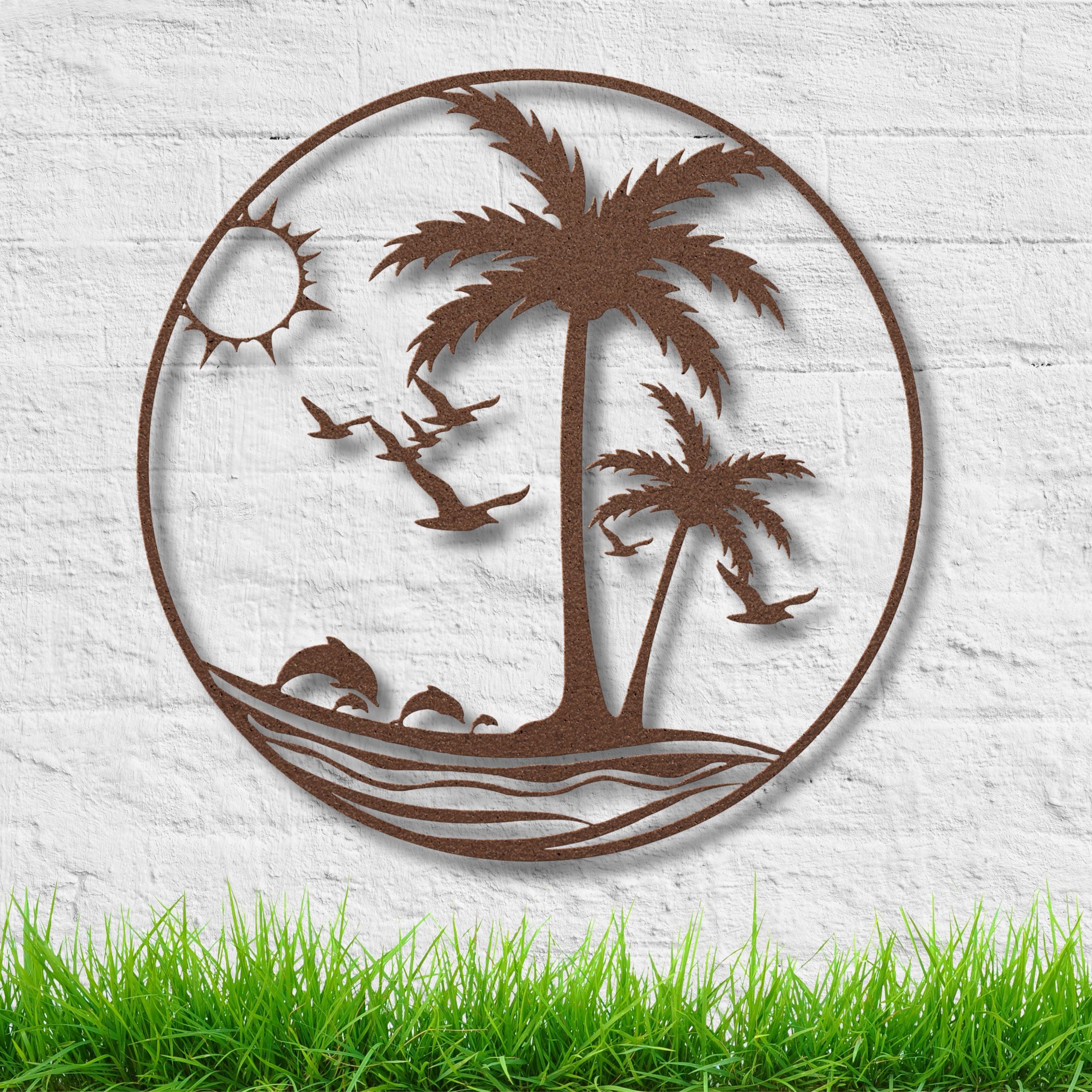 Tropical Beach Metal Wall Art, Palm Tree Dolphin Die Cut Sign, Coastal Island Home Decor Gift