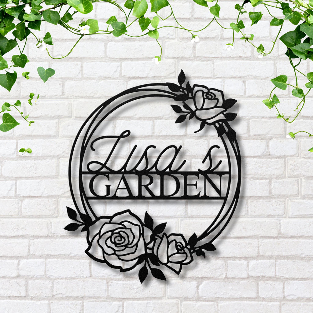 Personalized Rose Garden Metal Sign, Custom Name Plaque, Floral Wreath Decor