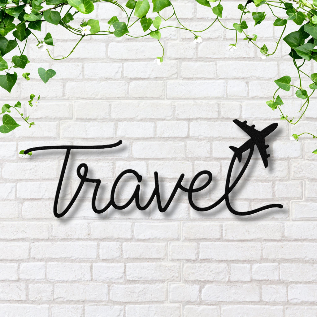 Travel Metal Wall Art – Minimalist Travel Sign with Airplane Metal Decor & Adventure Wall Sign