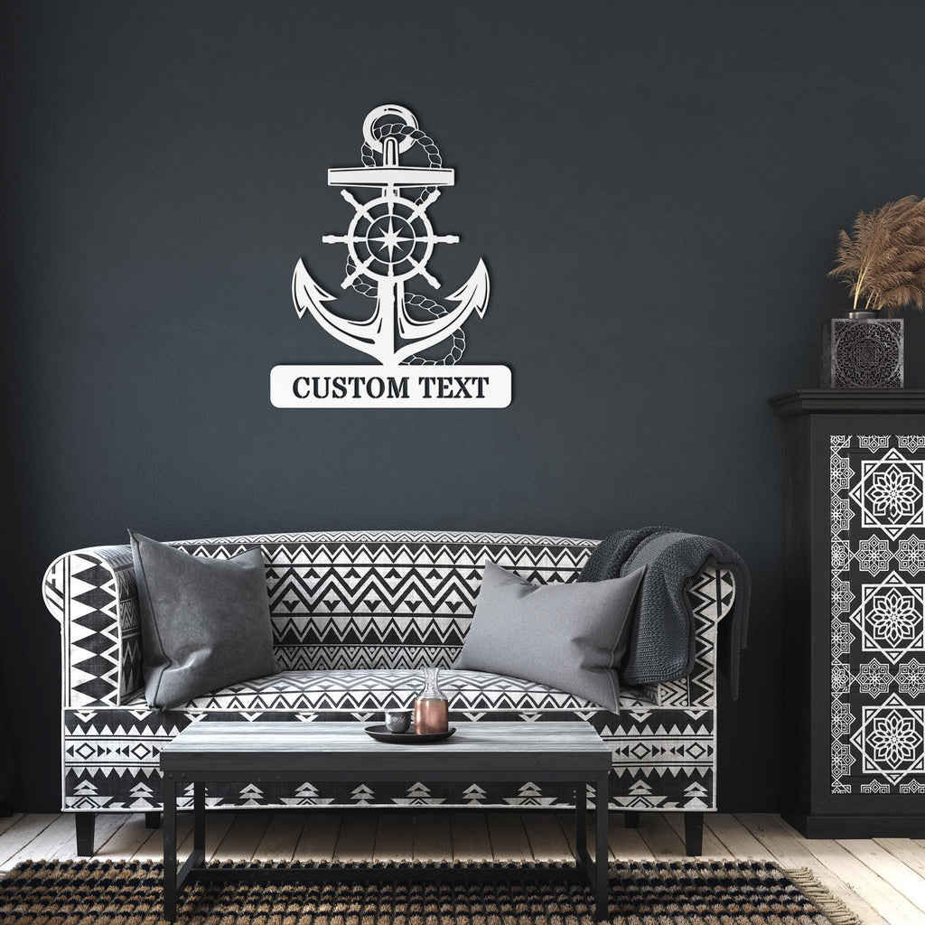 Personalized Captain's Wheel and Anchor Metal Sign, Custom Text, Nautical Gift, Sailor Gift