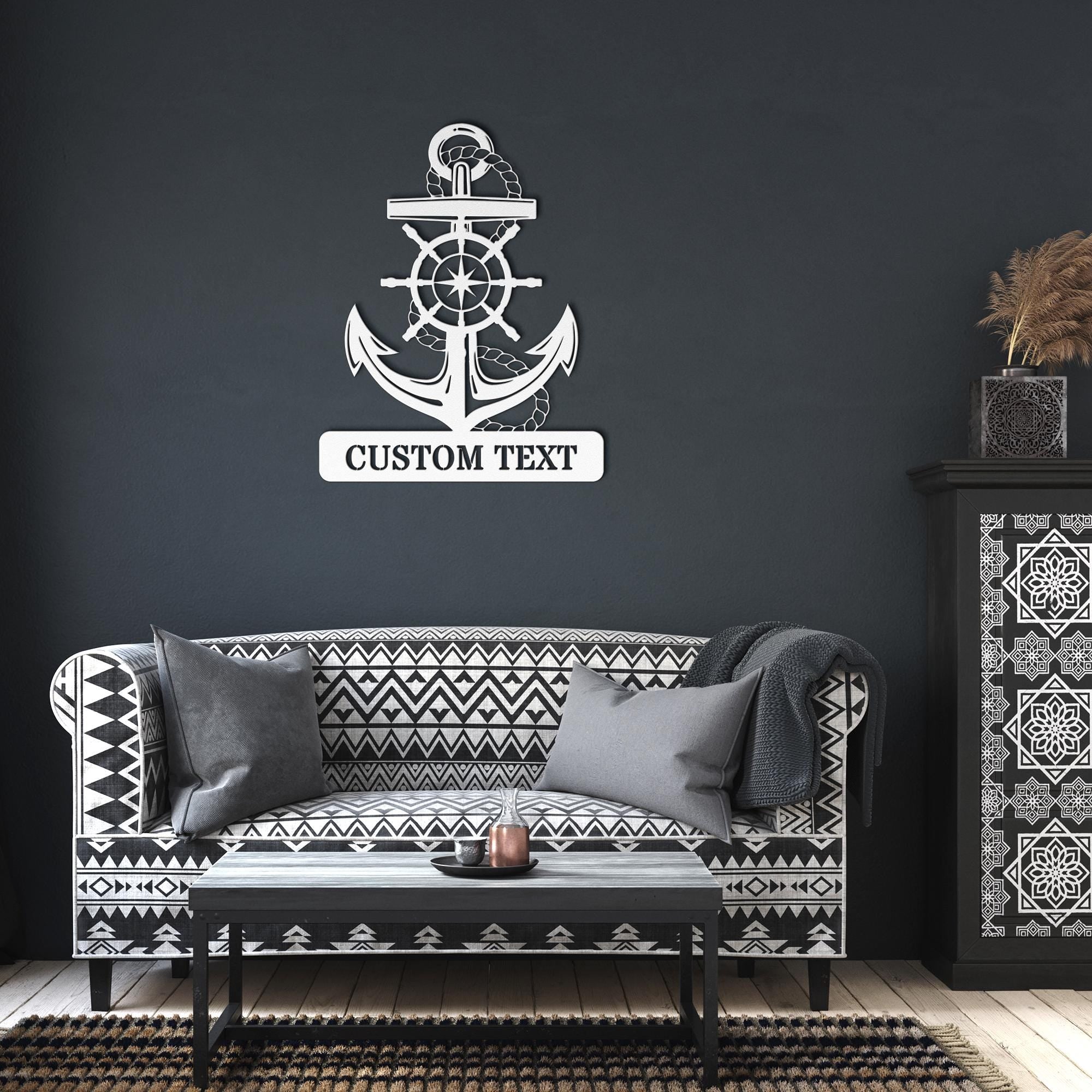 Personalized Captain's Wheel and Anchor Metal Sign, Custom Text, Nautical Gift, Sailor Gift