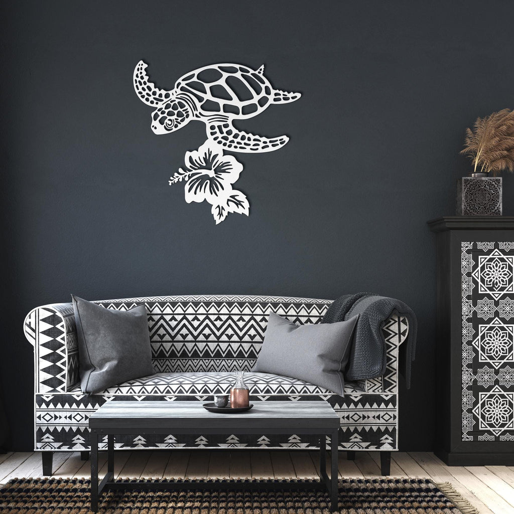 Sea Turtle Metal Wall Art: Hibiscus Flower Coastal Decor