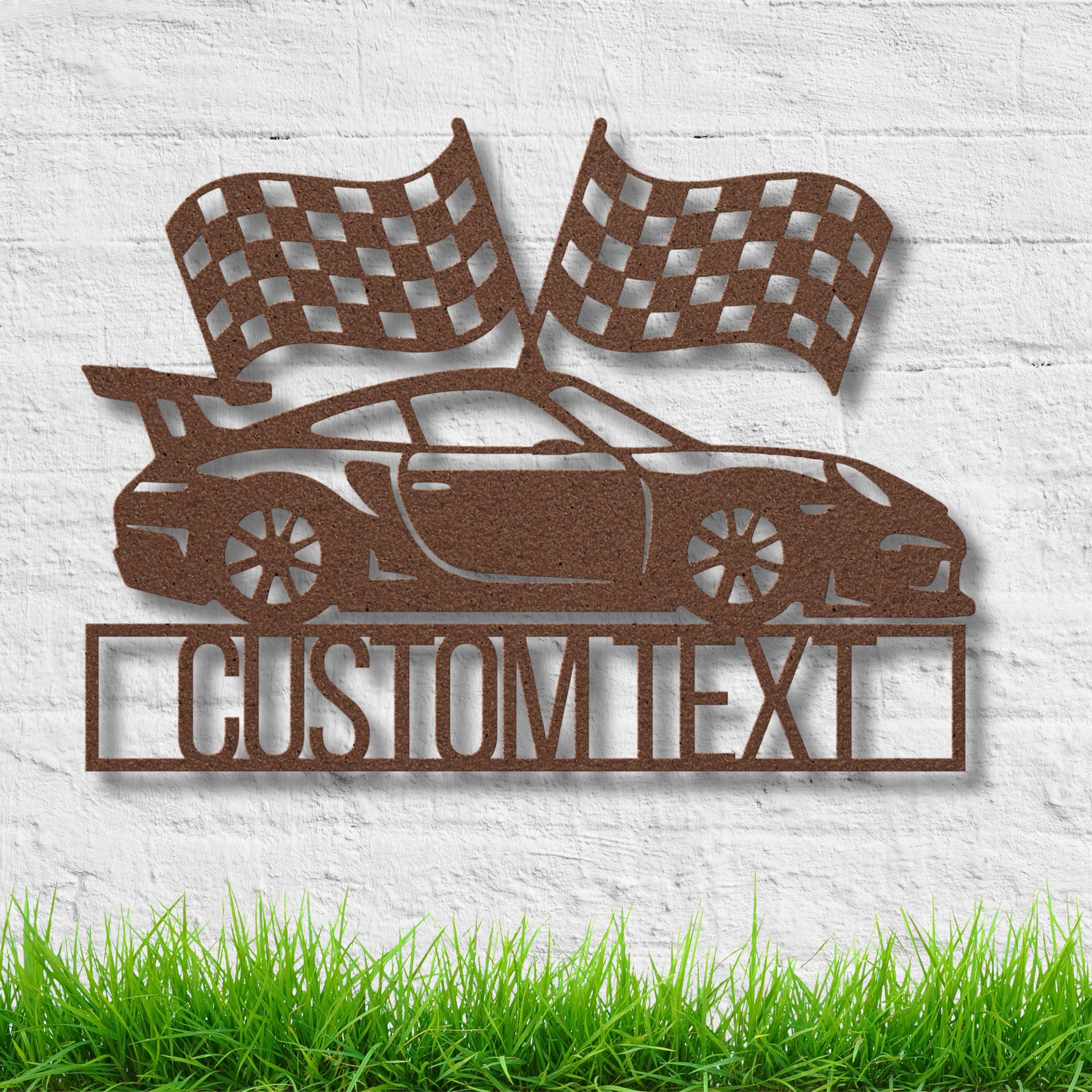 Custom Race Car Metal Sign, Racing Flags Garage Decor