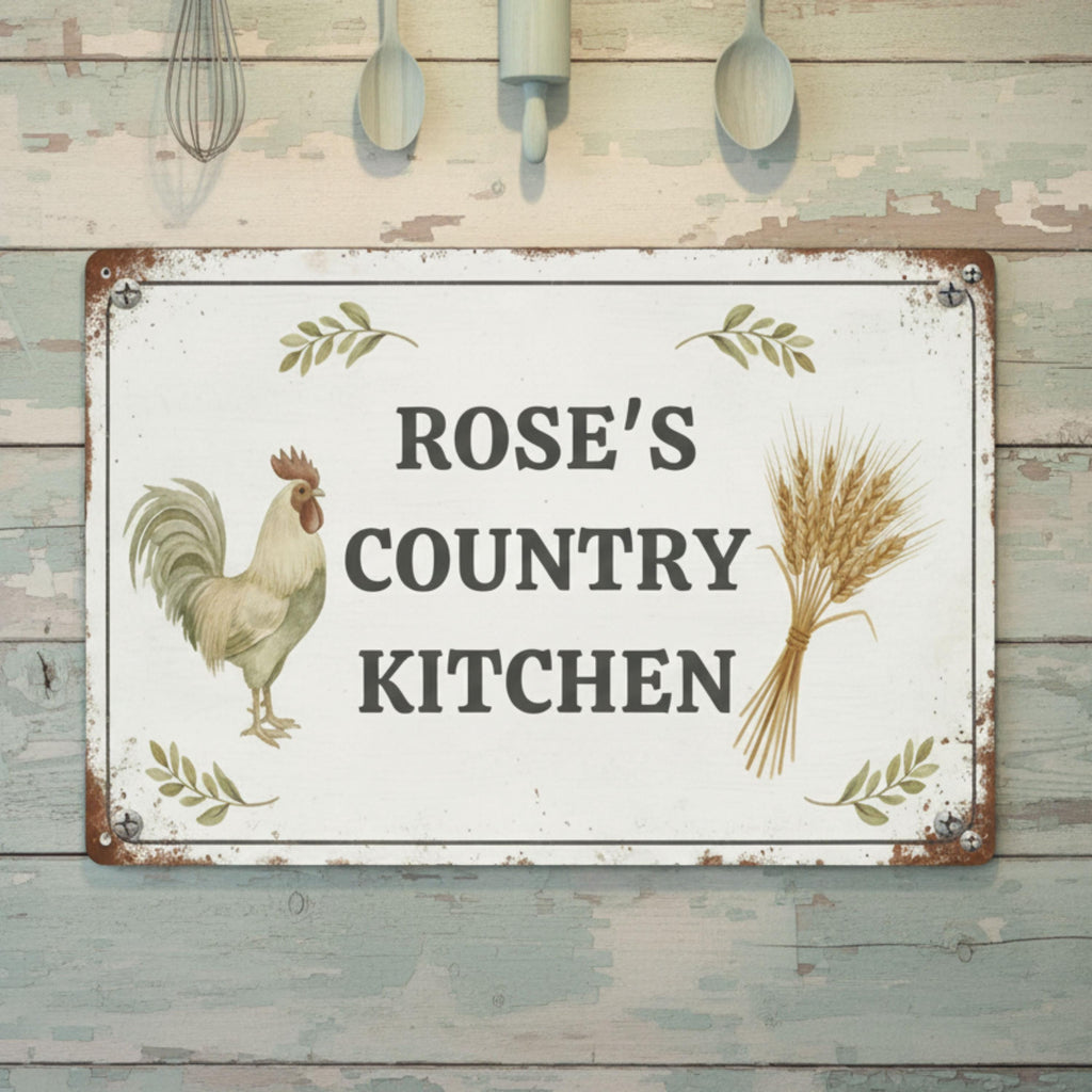 Personalized Country Kitchen Metal Sign | Custom Farmhouse Wall Decor | Rustic Rooster Chicken Art | Housewarming Gift