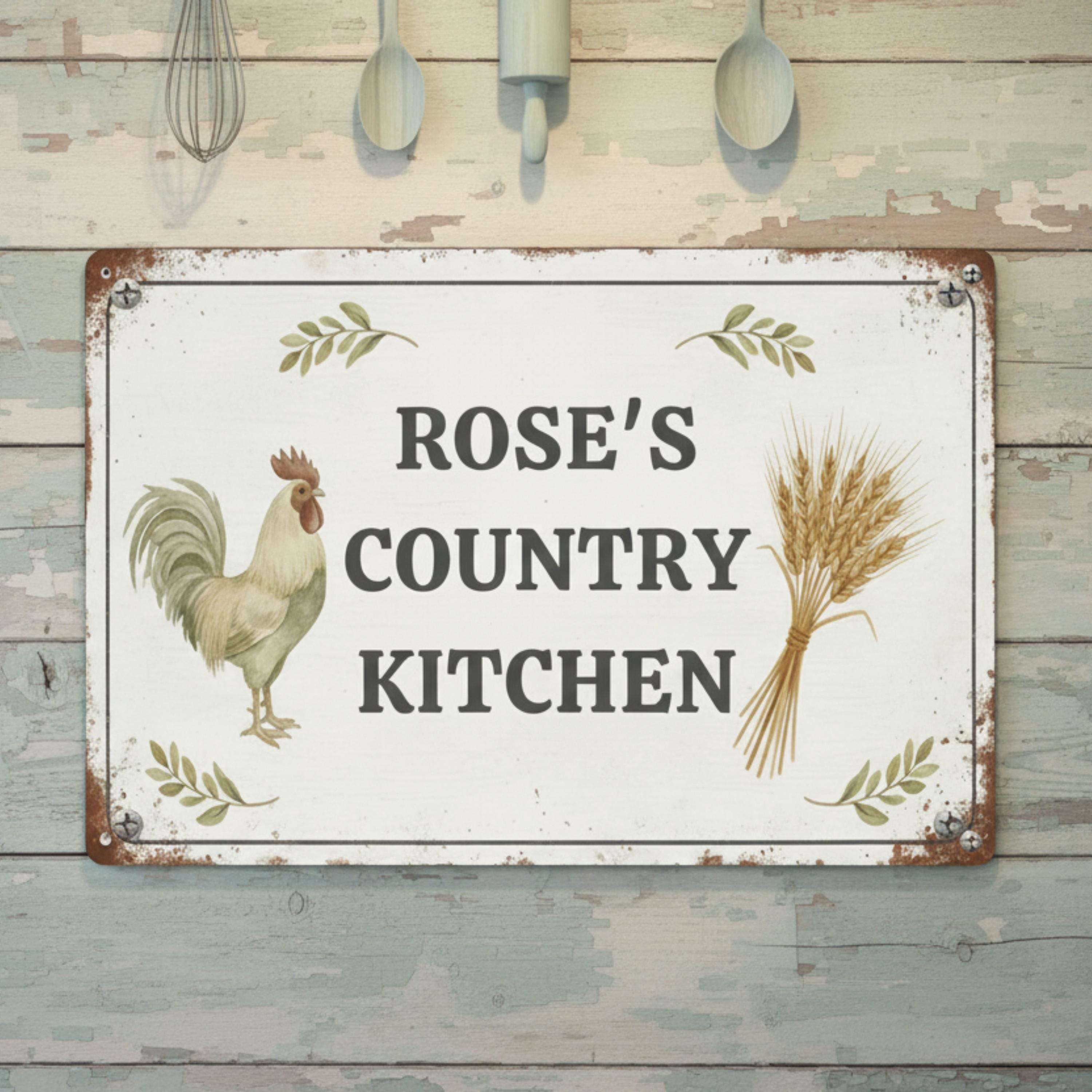 Personalized Country Kitchen Metal Sign | Custom Farmhouse Wall Decor | Rustic Rooster Chicken Art | Housewarming Gift