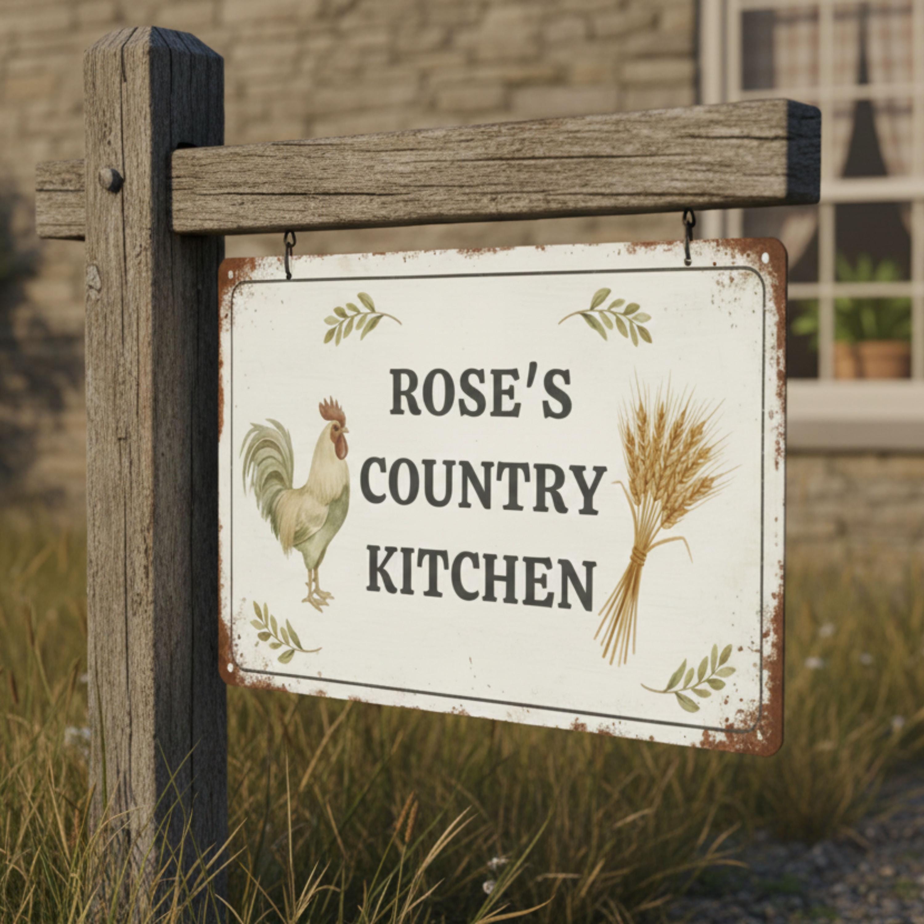Personalized Country Kitchen Metal Sign | Custom Farmhouse Wall Decor | Rustic Rooster Chicken Art | Housewarming Gift