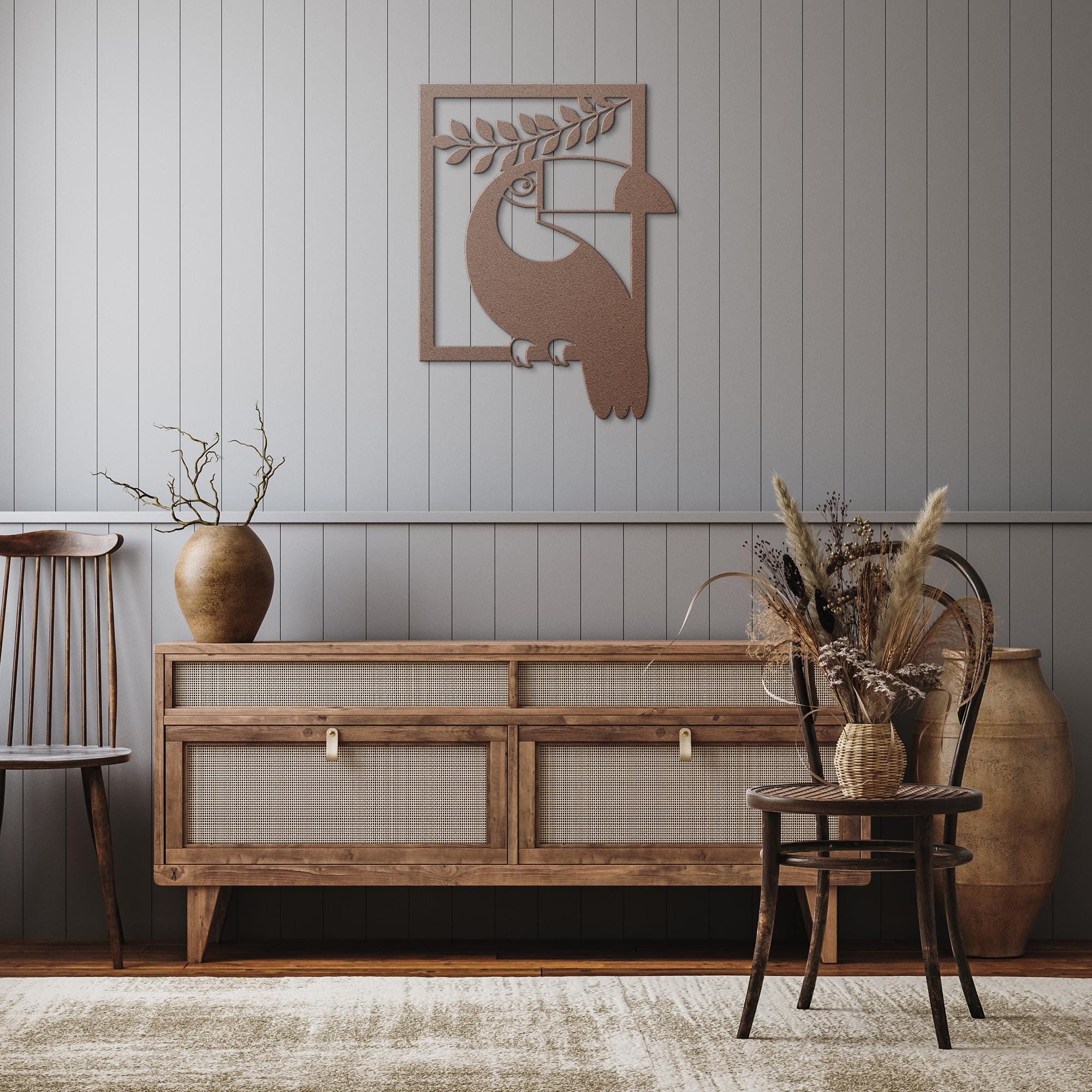 Geometric Toucan Metal Wall Art | Tropical Bird Die-Cut Sign | Modern Jungle Aesthetic Decor