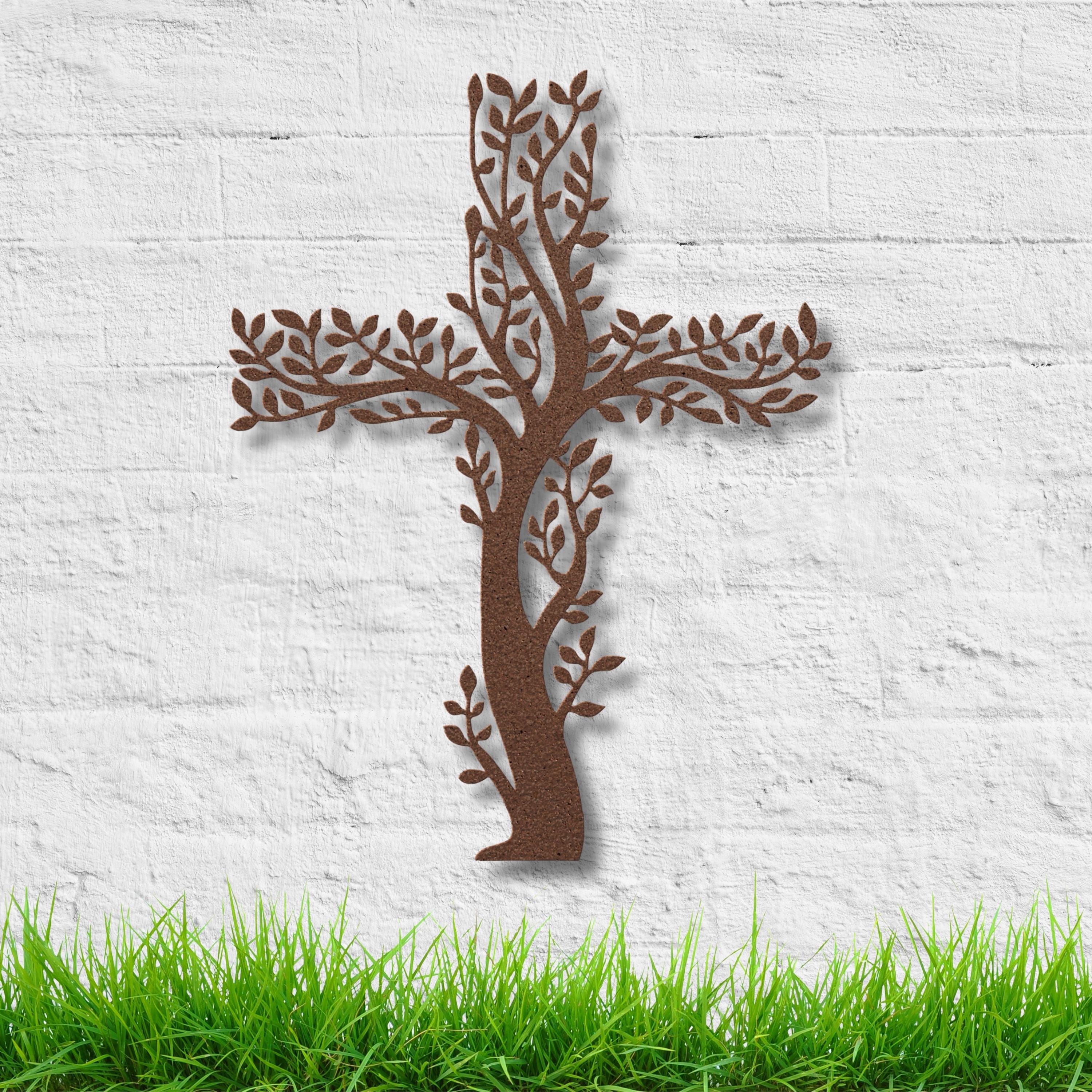 Tree of Life Cross Metal Wall Art, Christian Leaf Sign, Religious Nature Decor, Faith Gift