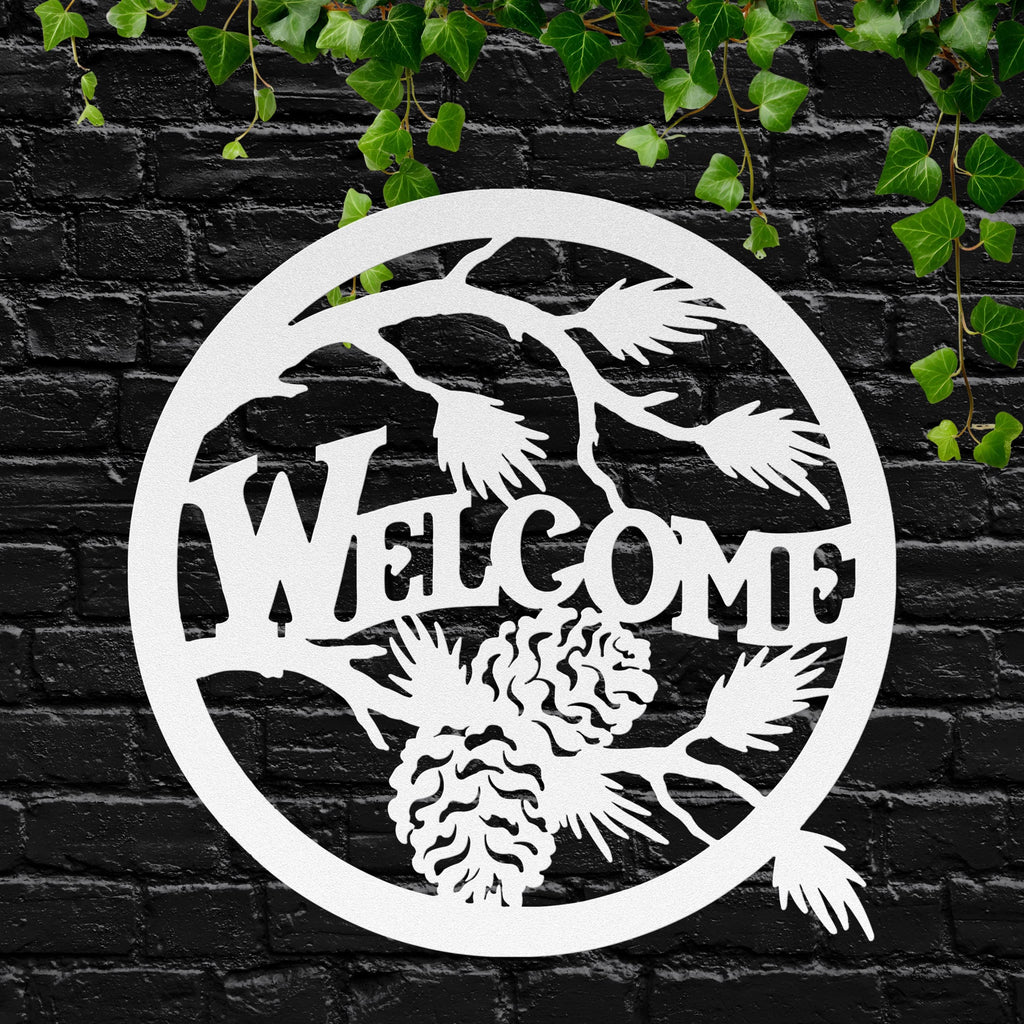 Rustic Welcome Pinecone Metal Sign, Cabin Forest Decor, Pine Branch Door Sign