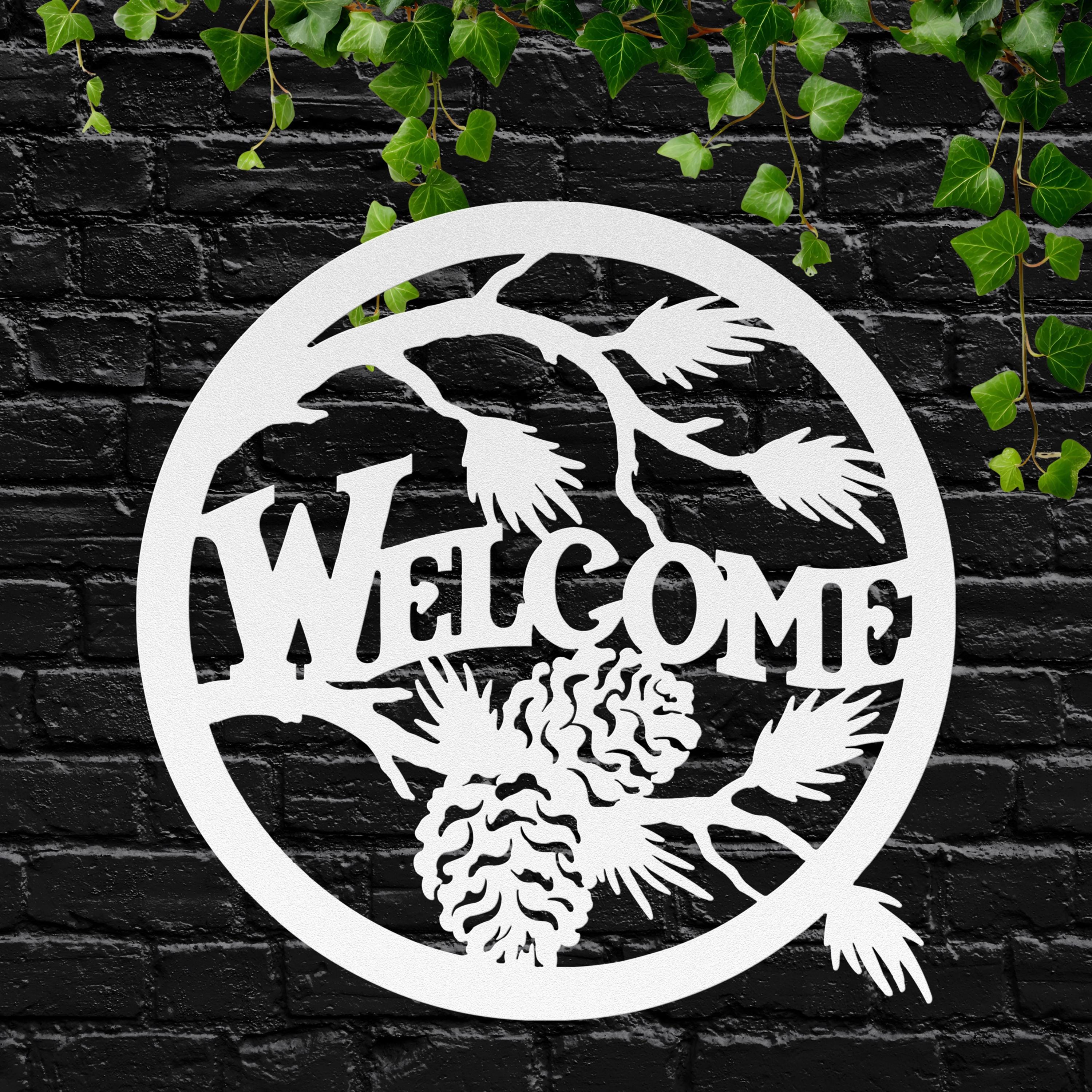Rustic Welcome Pinecone Metal Sign, Cabin Forest Decor, Pine Branch Door Sign