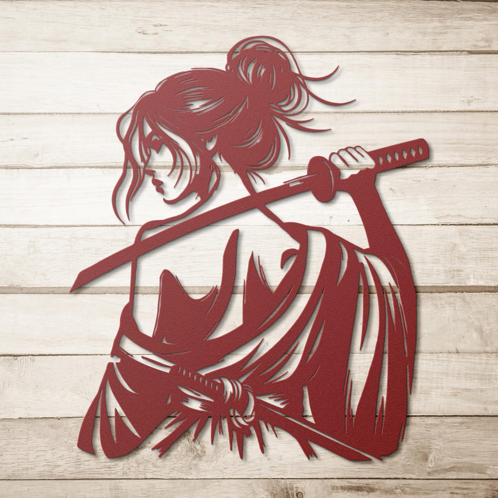 Samurai Woman Metal Wall Art, Katana Sword Die Cut Sign