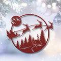 Santa Sleigh Metal Sign | Flying Reindeer Christmas Decor | Cabin Winter Scene | Round Holiday Die-Cut Wall Art