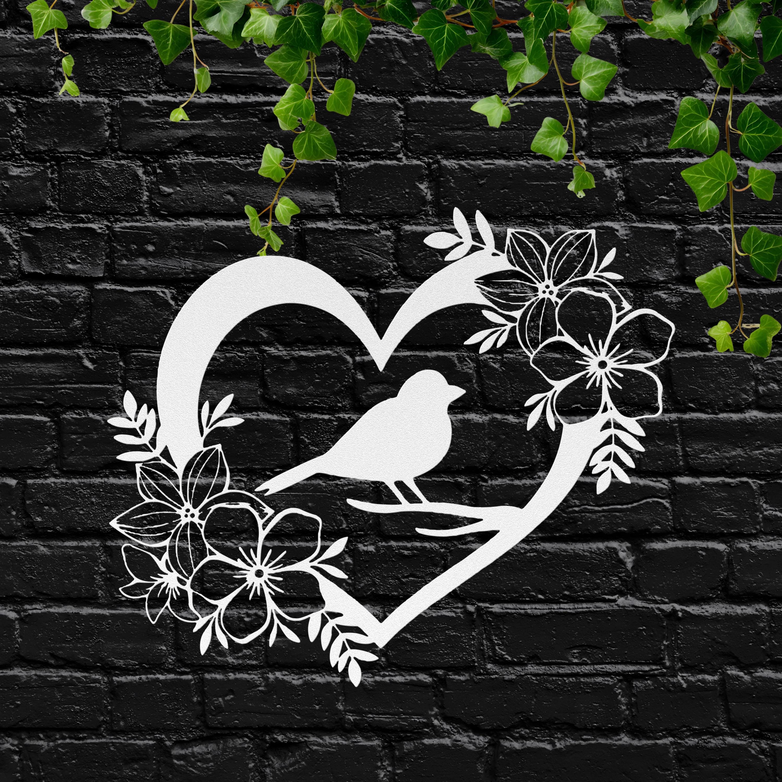 Heart Bird Metal Wall Art with Flowers | Nature Silhouette Home Decor | Love & Memorial Sign | Die-Cut Metal Gift
