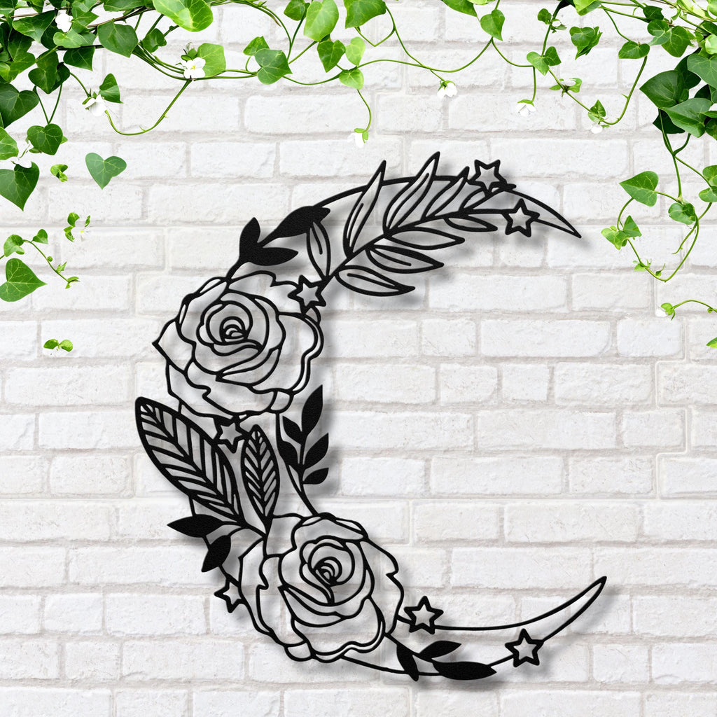 Floral Crescent Moon Metal Wall Art | Rose and Stars Witchy Decor | Boho Nursery Bedroom Sign