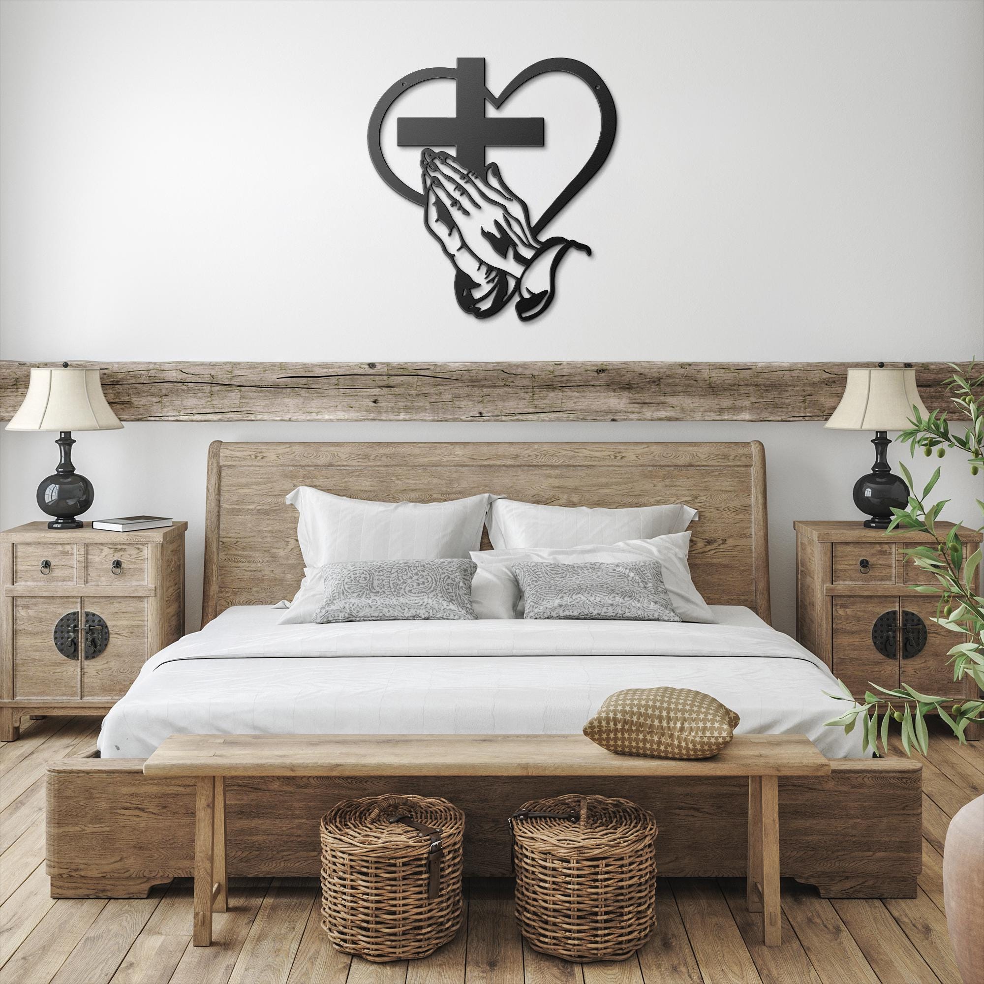 Praying Hands Metal Art – Religious Metal Sign | Christian Wall Decor & Heart Cross