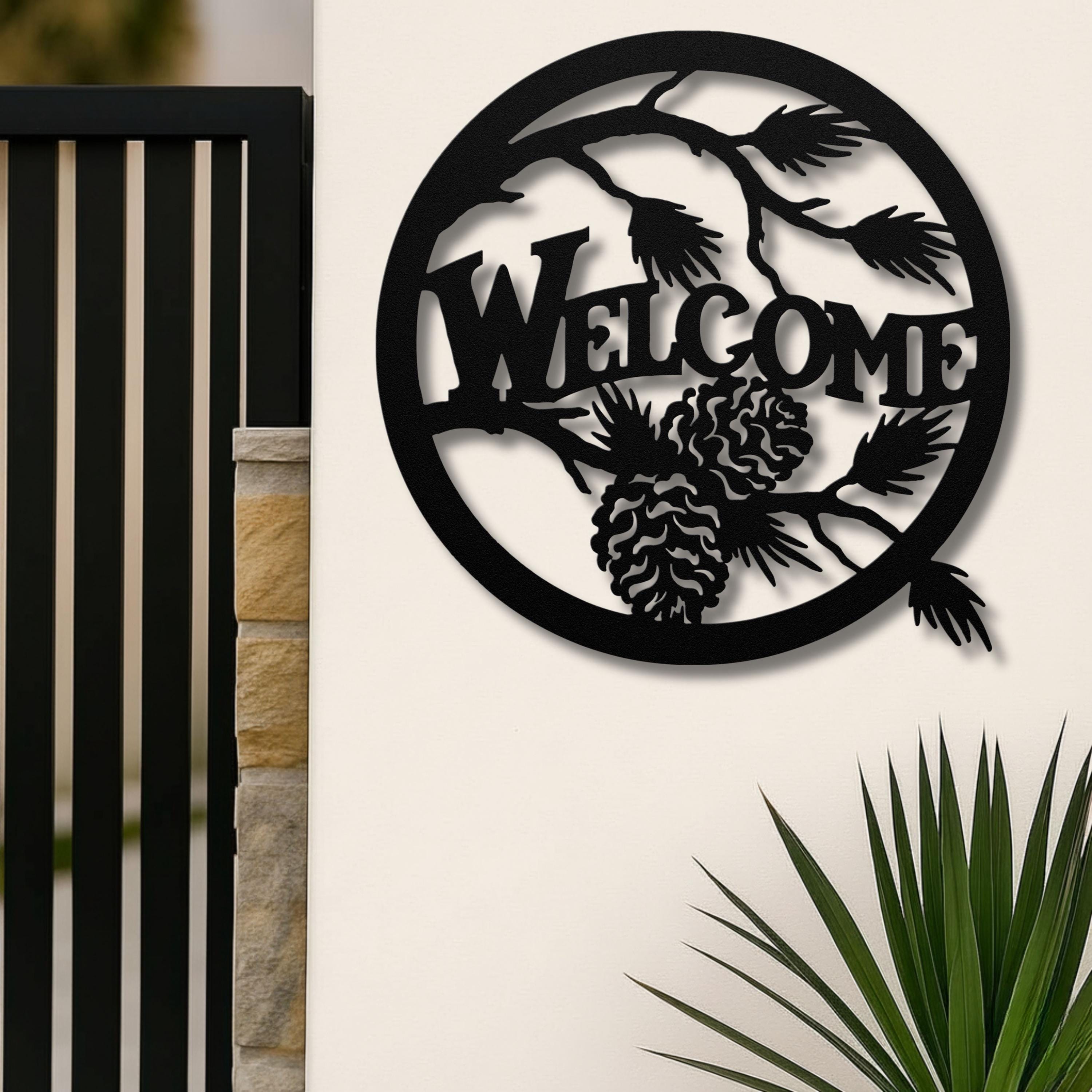 Rustic Welcome Pinecone Metal Sign, Cabin Forest Decor, Pine Branch Door Sign