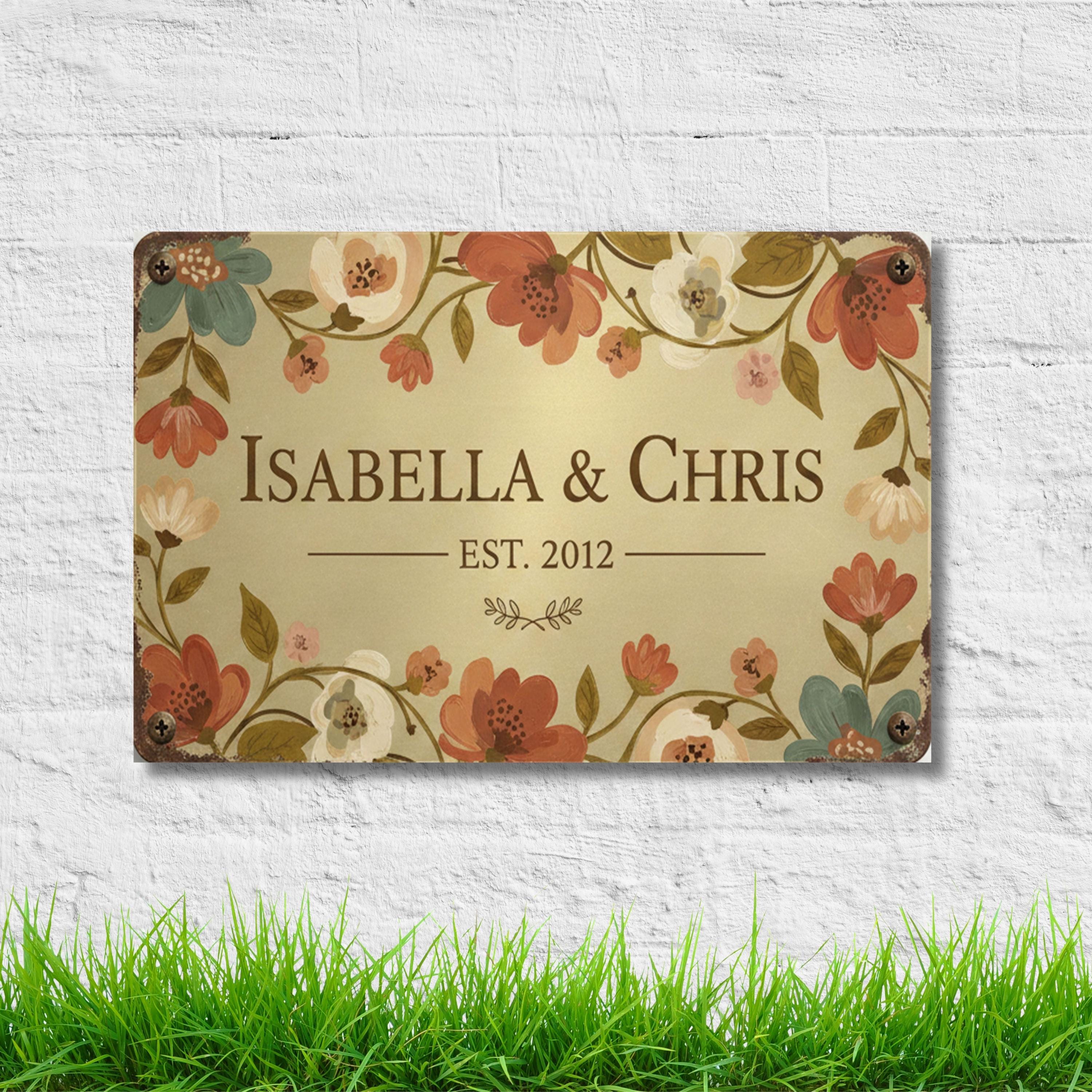 Personalized Couple Anniversary Metal Sign, Floral Established Date Plaque, Wedding Gift Art