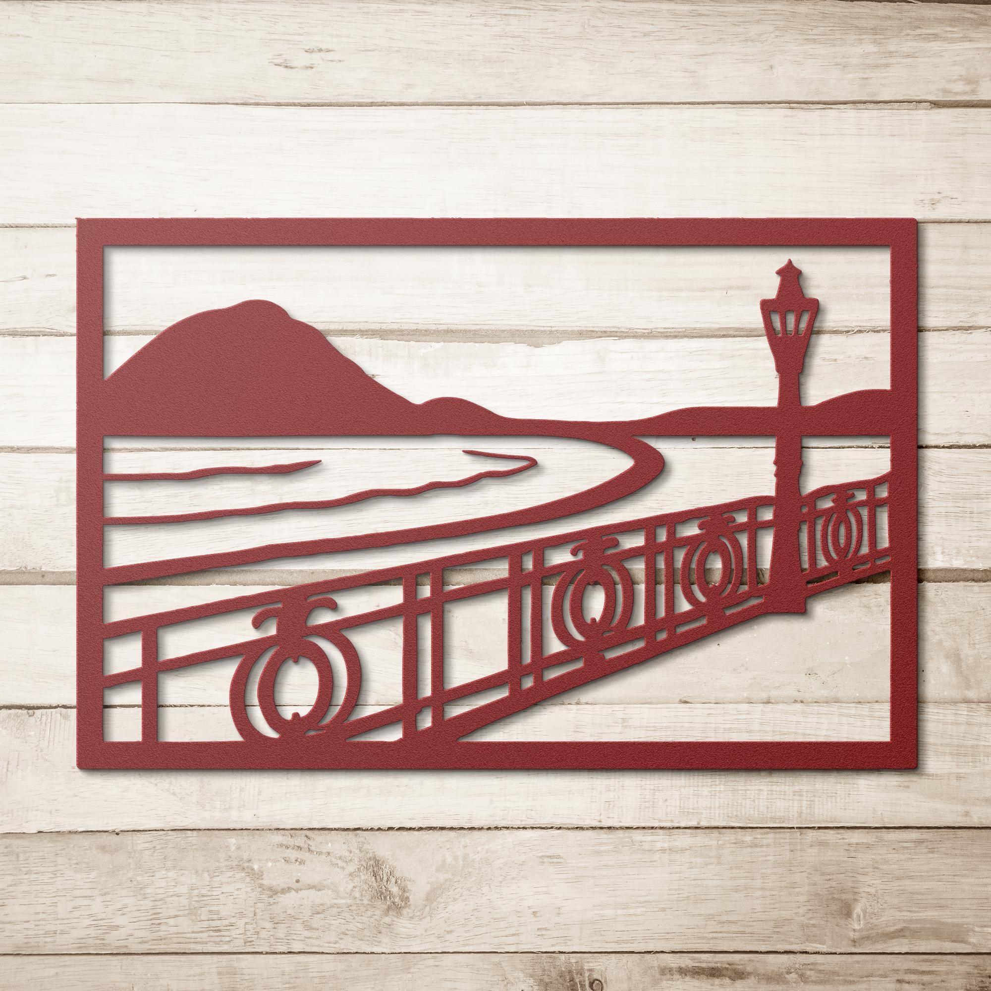 Seaside Boardwalk Metal Wall Art | Ocean View Decor | Outdoor Railing & Lamp Post Die-Cut Sign | Custom Nautical Gift