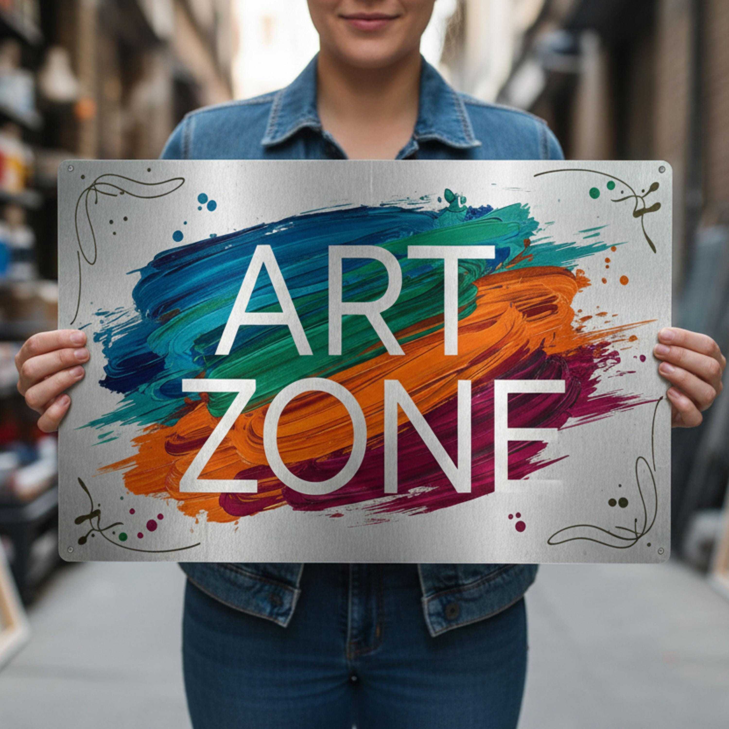 Art Zone Metal Sign | Creative Studio Decor | Colorful Paint Stroke Wall Art | Artist Gift for Craft Room | Gallery Tin Plaque