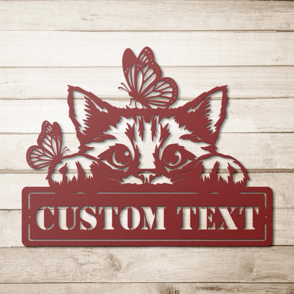 Personalized Cat Metal Sign | Kitten Die-Cut Art | Custom Pet Name Plaque | Butterfly Lover Gift | Animal Home Decor