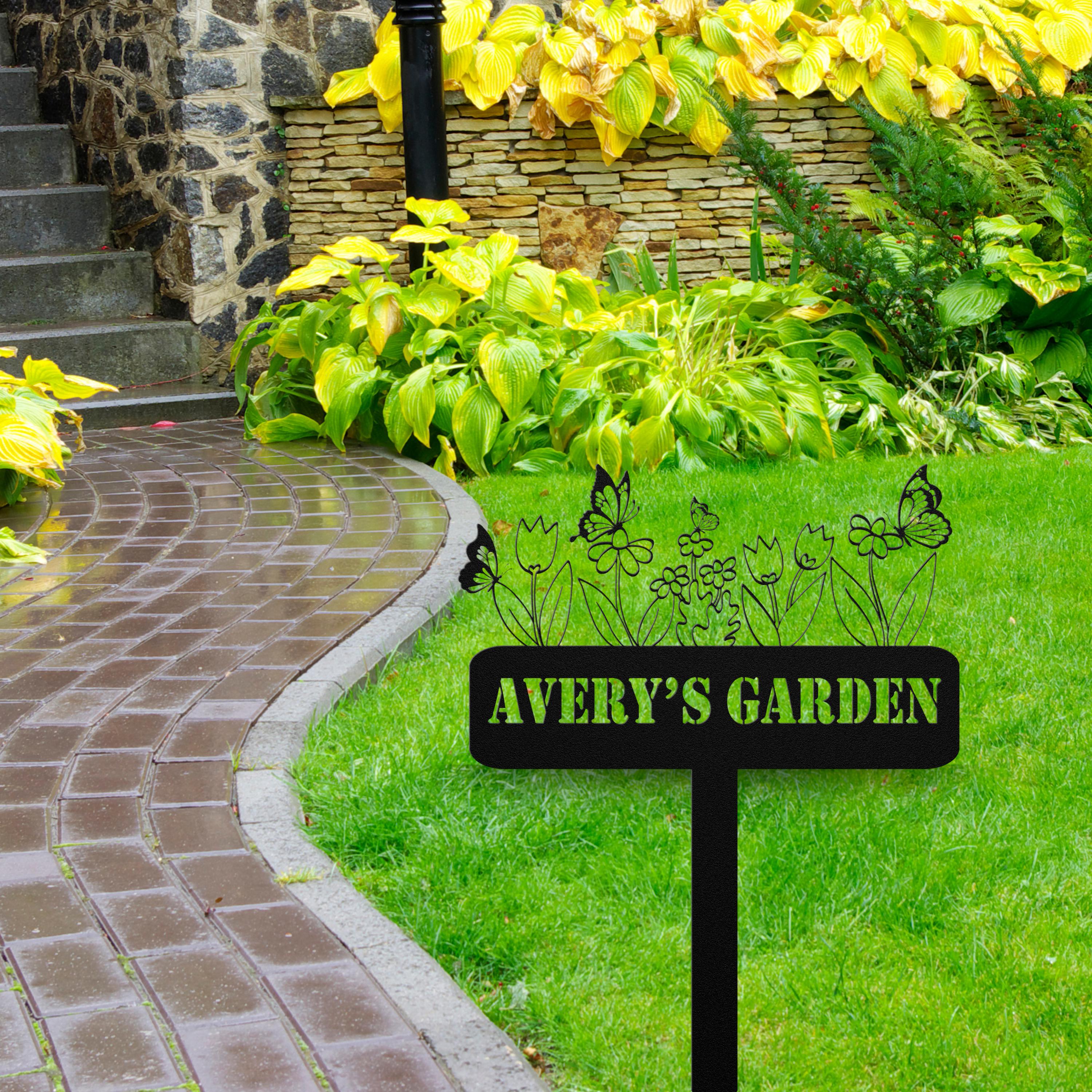 Custom Metal Garden Sign: Butterflies & Flowers, Personalized Name Plate