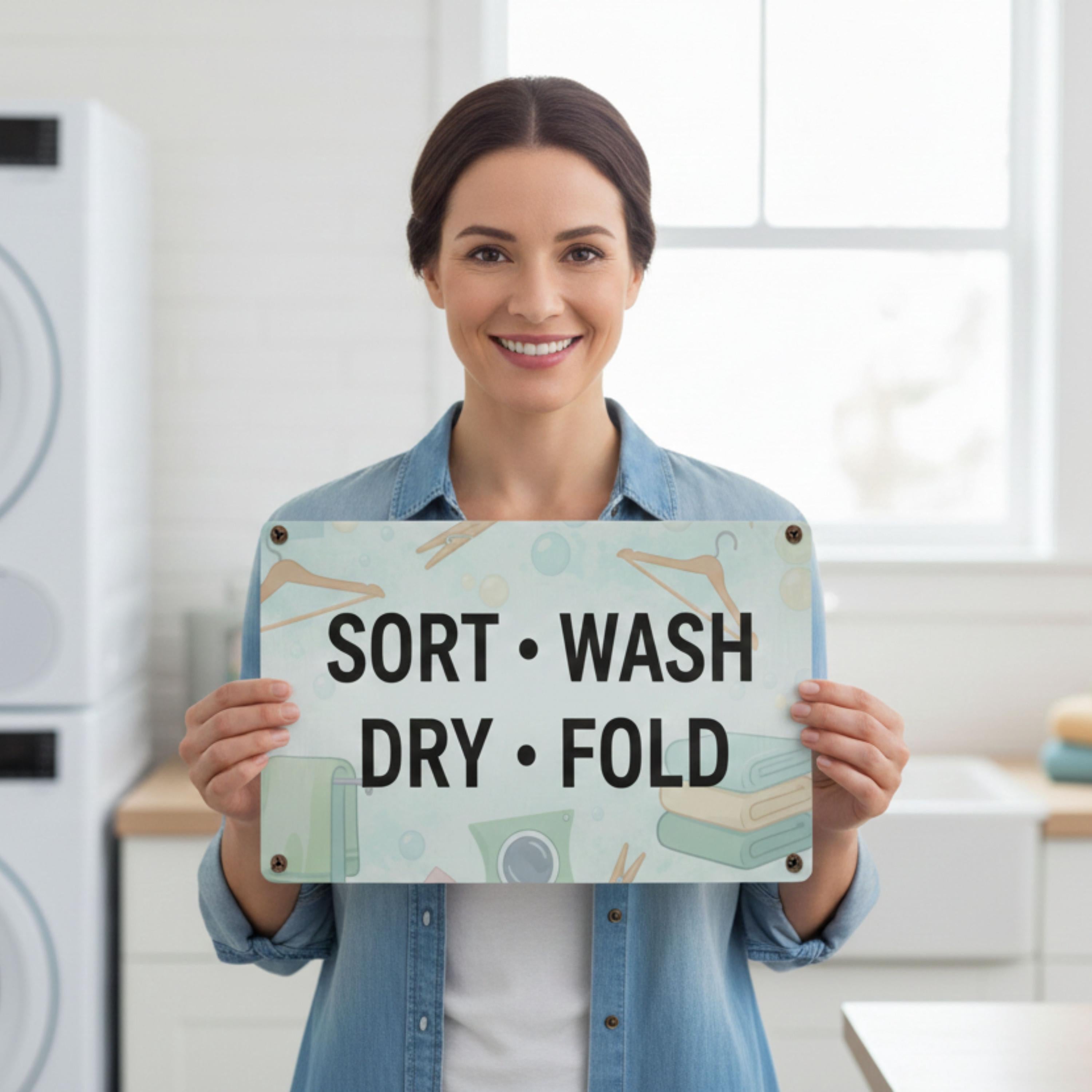 Laundry Room Metal Sign - Sort Wash Dry Fold | Minimalist Farmhouse Decor