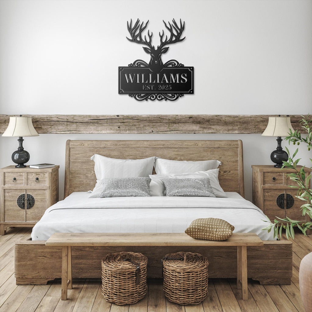 Personalized Antler Sign, Deer Head Metal Monogram, Custom Family Name Sign, Rustic Hunting Cabin Decor, Die Cut Art