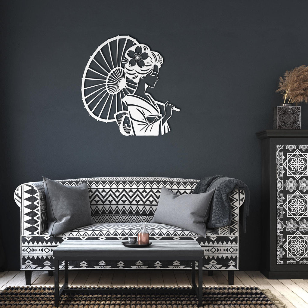 Geisha Metal Die-Cut Sign | Japanese Wall Art | Woman with Umbrella Silhouette | Elegant Asian Home Decor | Laser Cut Art
