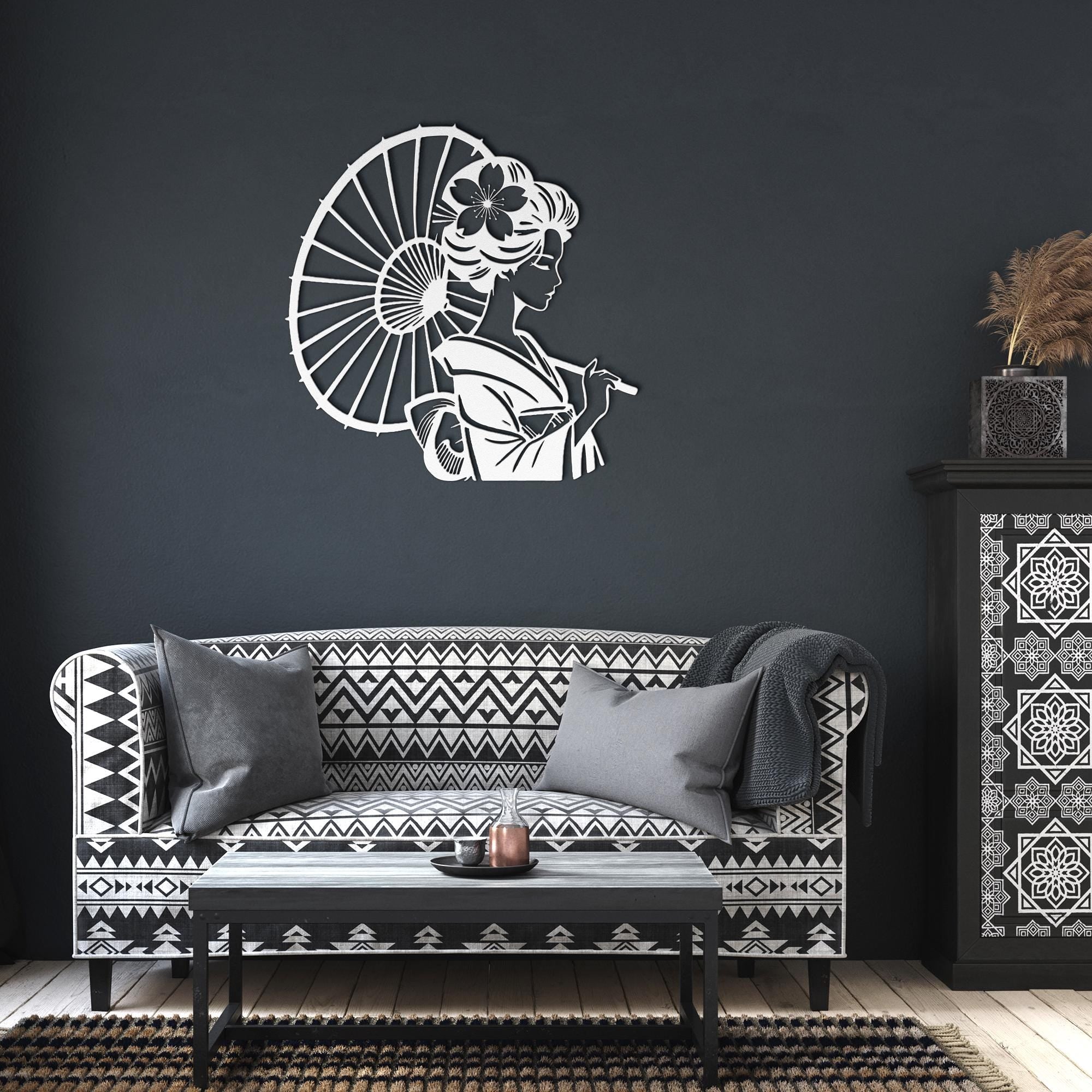 Geisha Metal Die-Cut Sign | Japanese Wall Art | Woman with Umbrella Silhouette | Elegant Asian Home Decor | Laser Cut Art