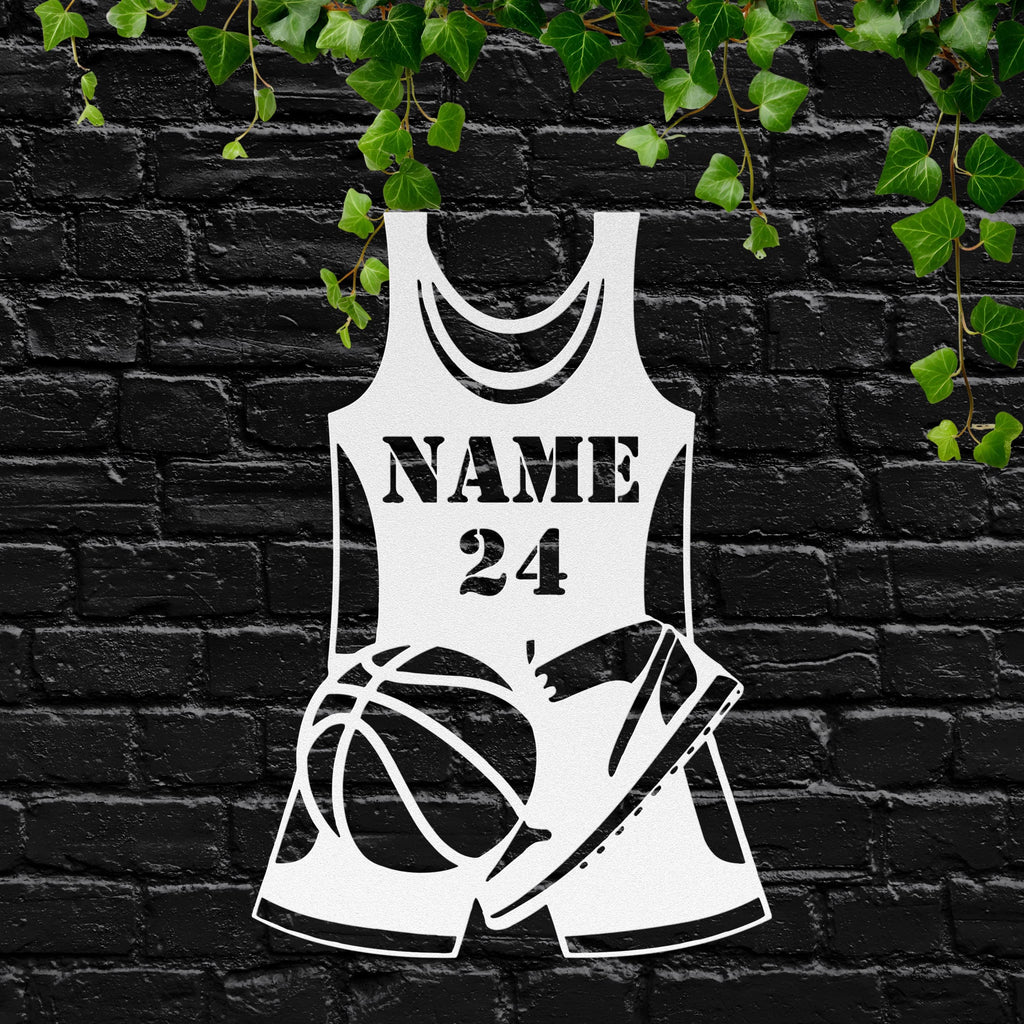 Personalized Basketball Jersey Metal Art, Custom Name Number Die-Cut Sign, Ball Shoe Decor, Athlete Team Gift, Sports Fan Wall Art