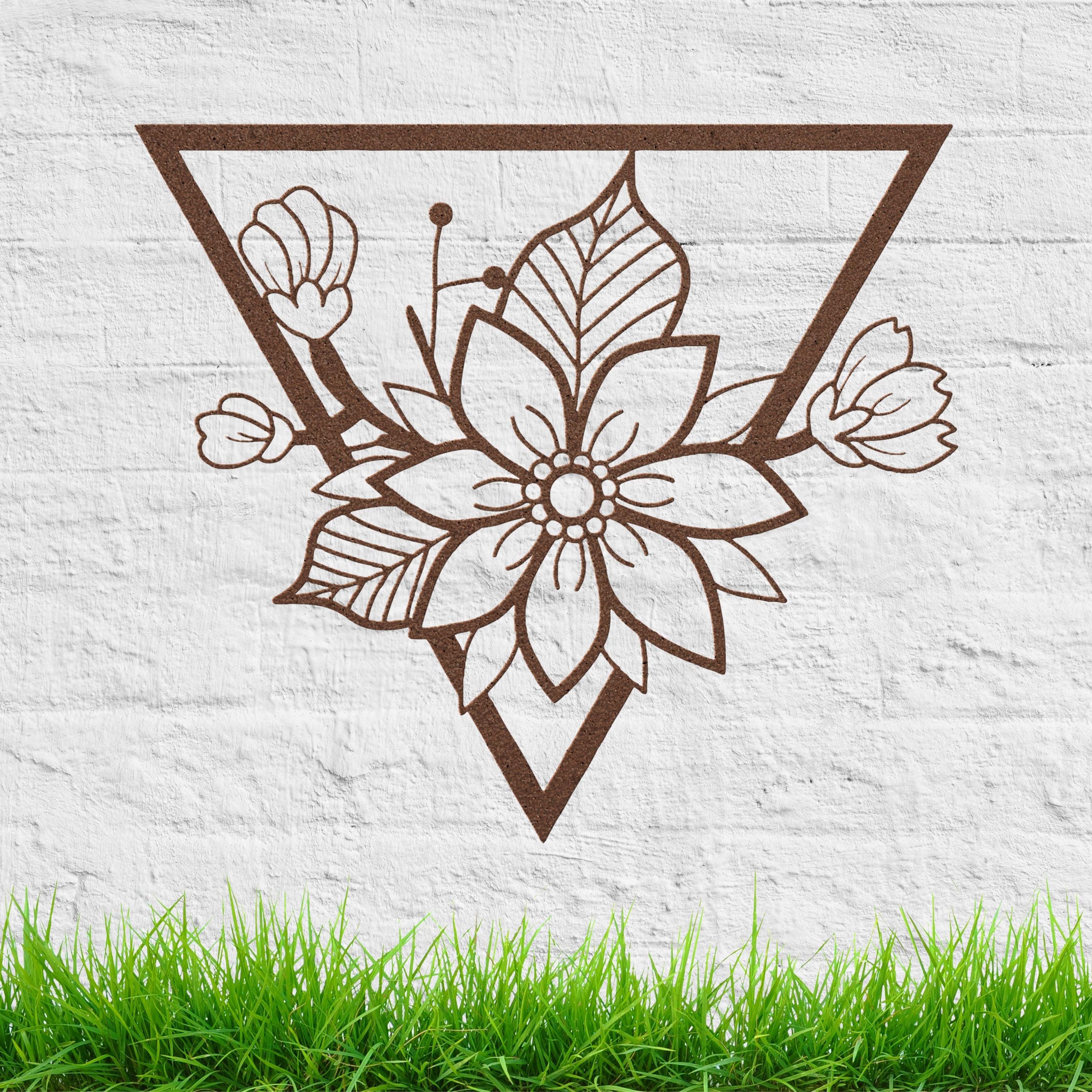Geometric Floral Metal Wall Art, Flower Triangle Sign, Boho Bedroom Home Decor
