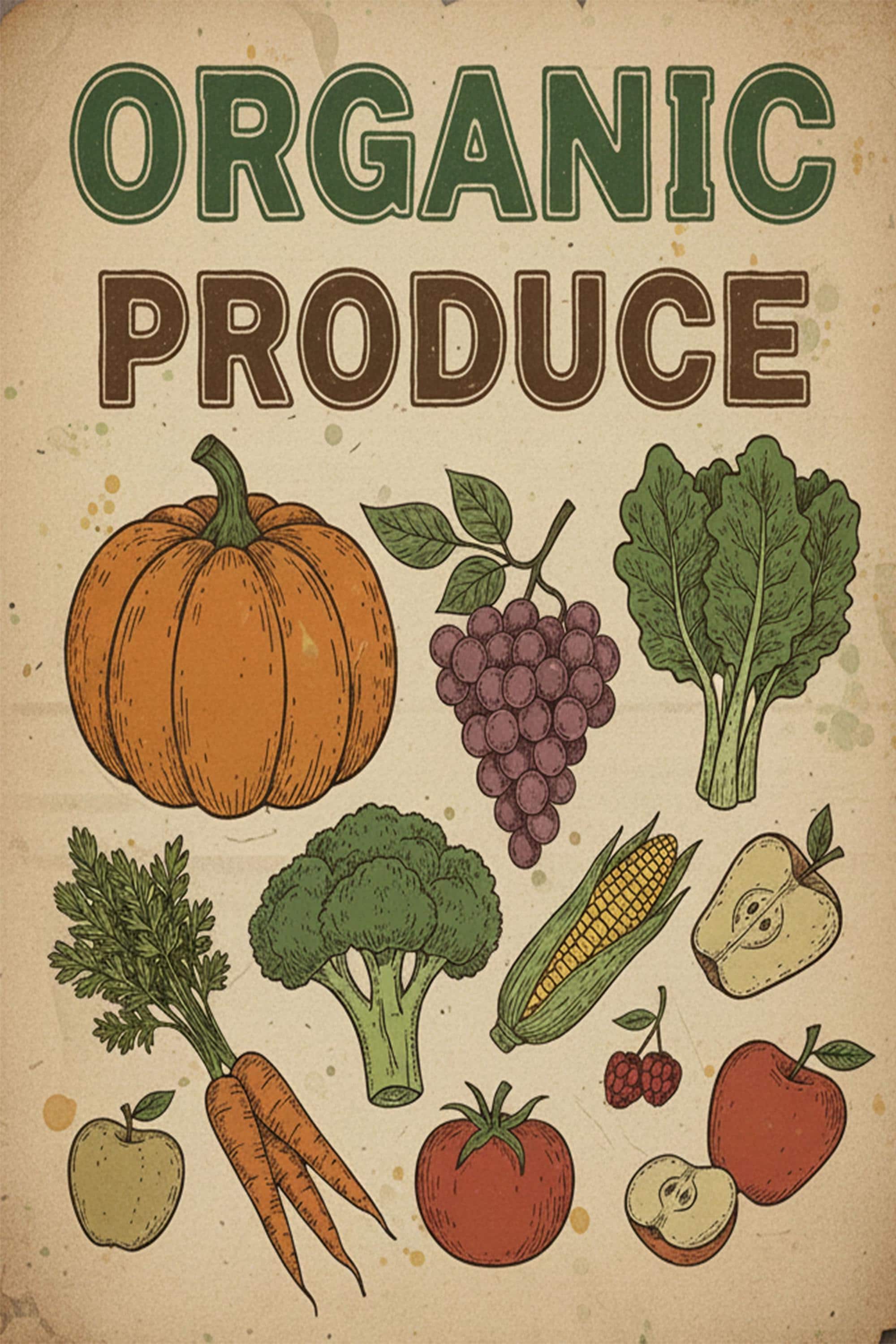Organic Produce Metal Sign – Vintage Market Art | Rustic Kitchen Decor | Durable Steel Sign