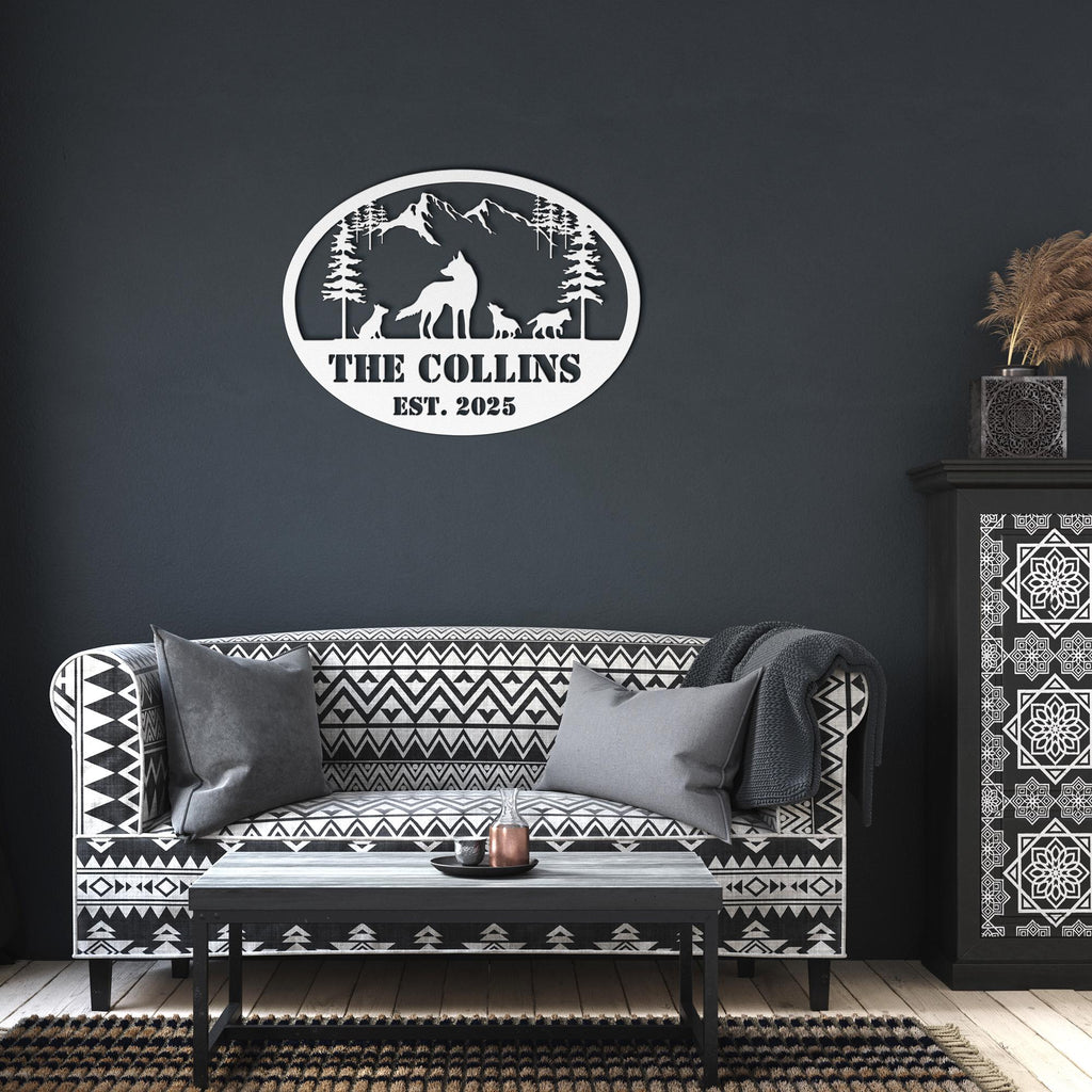 Personalized Wolf Sign | Custom Metal Sign With Wolf Pack Silhouette & Mountain Wall Art
