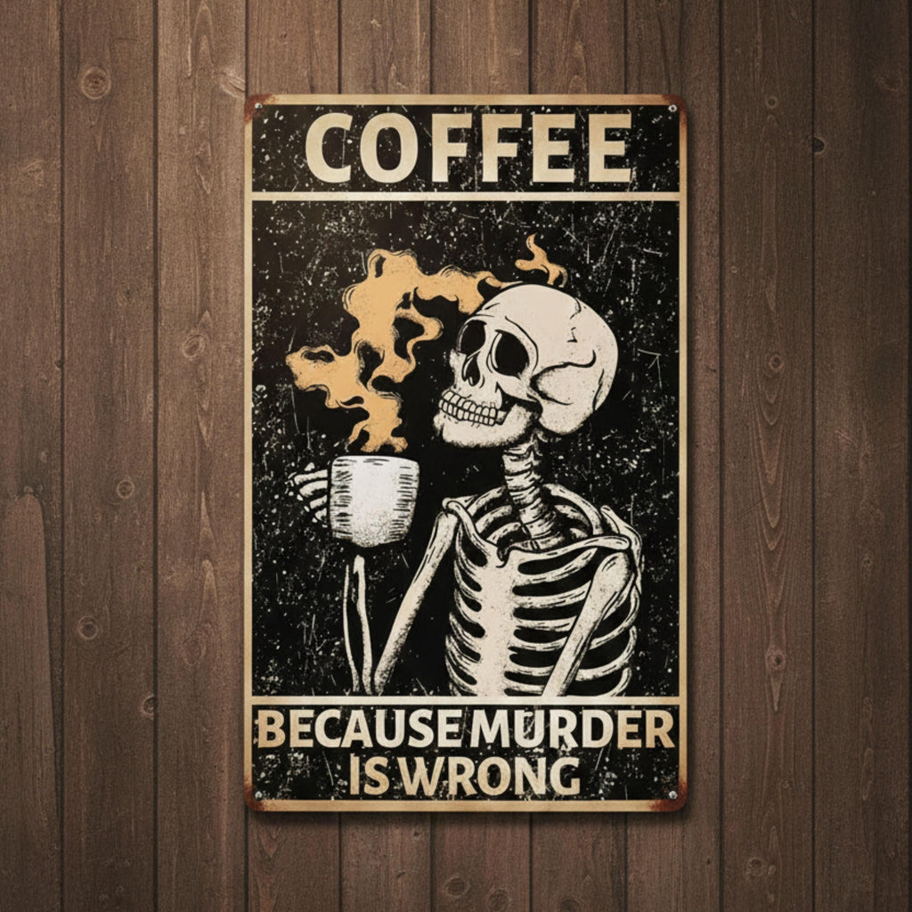 Funny Coffee Skeleton Metal Sign, Caffeine Addict Wall Art, Kitchen Decor, Gothic Gift
