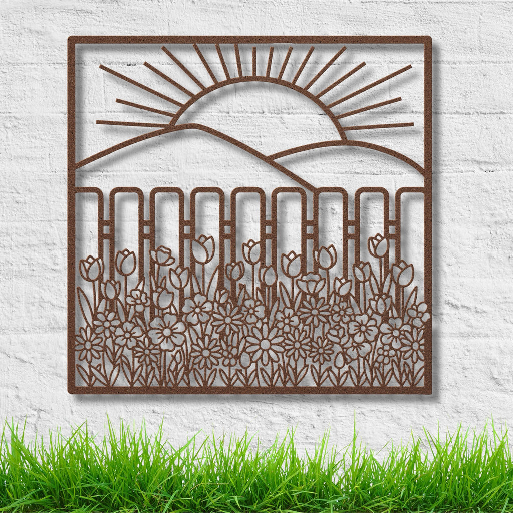 Metal Garden Fence Wall Art, Sunrise Landscape, Spring Flowers