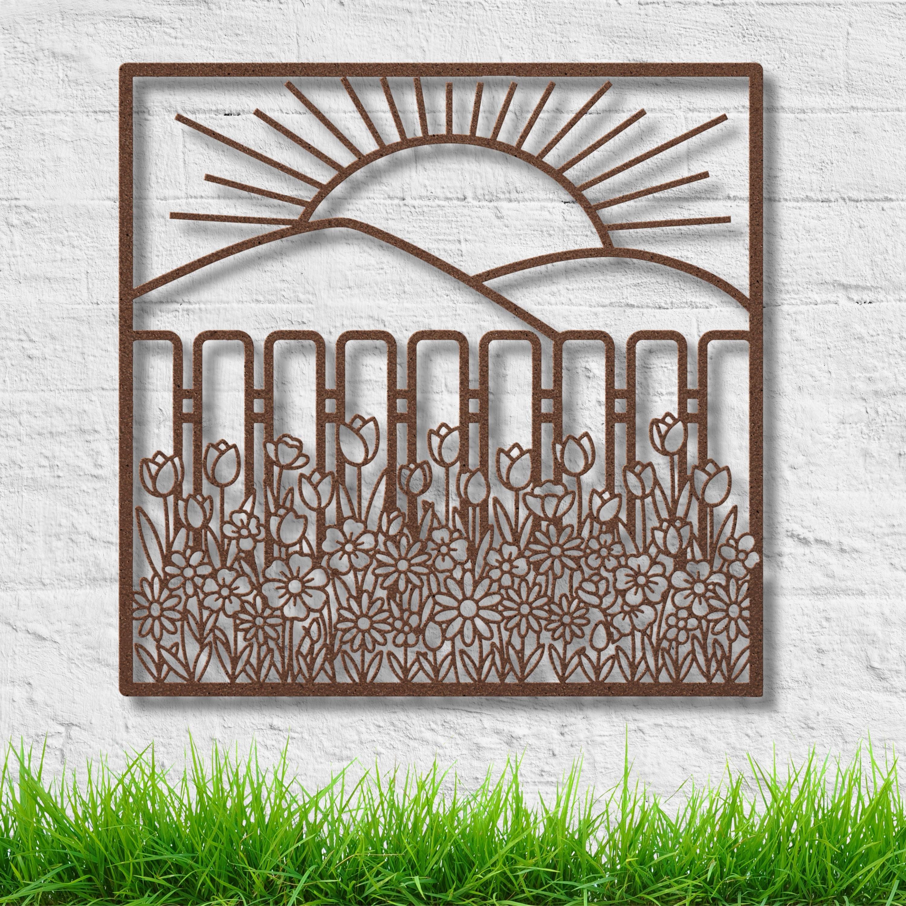 Metal Garden Fence Wall Art, Sunrise Landscape, Spring Flowers