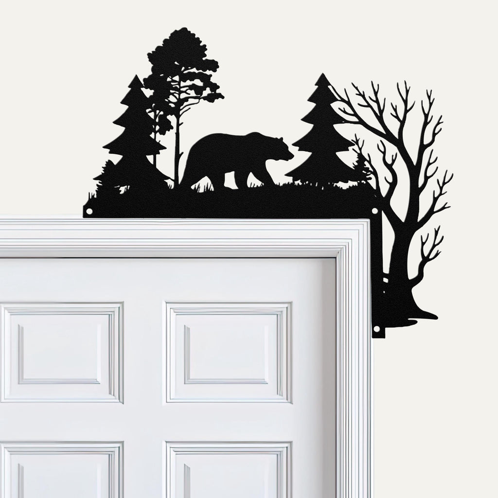 Bear Metal Door Corner Sign, Pine Tree Forest Decor, Cabin Wall Art, Wilderness Gift