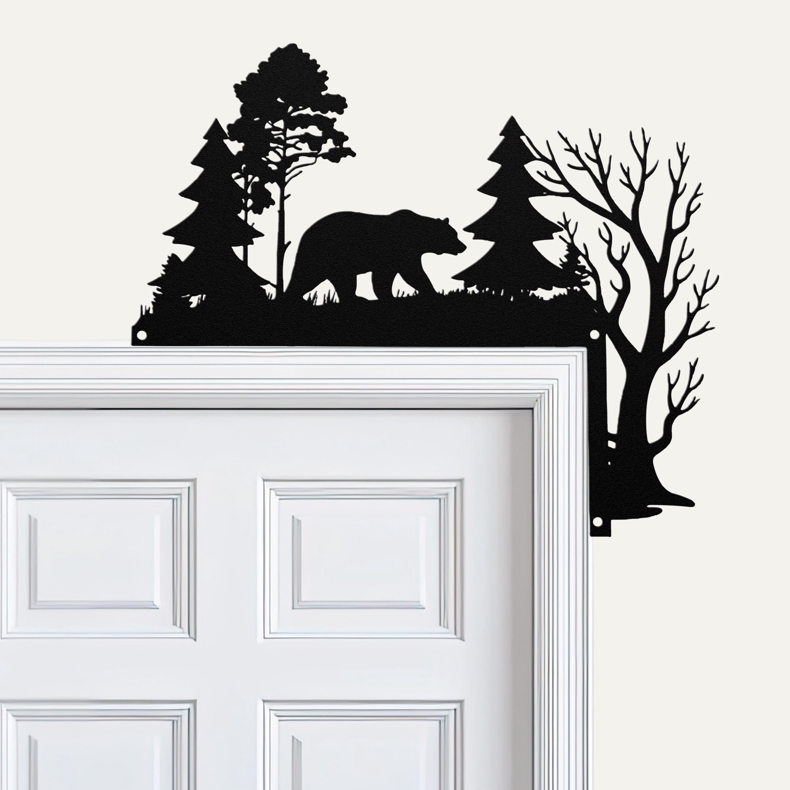Bear Metal Door Corner Sign, Pine Tree Forest Decor, Cabin Wall Art, Wilderness Gift