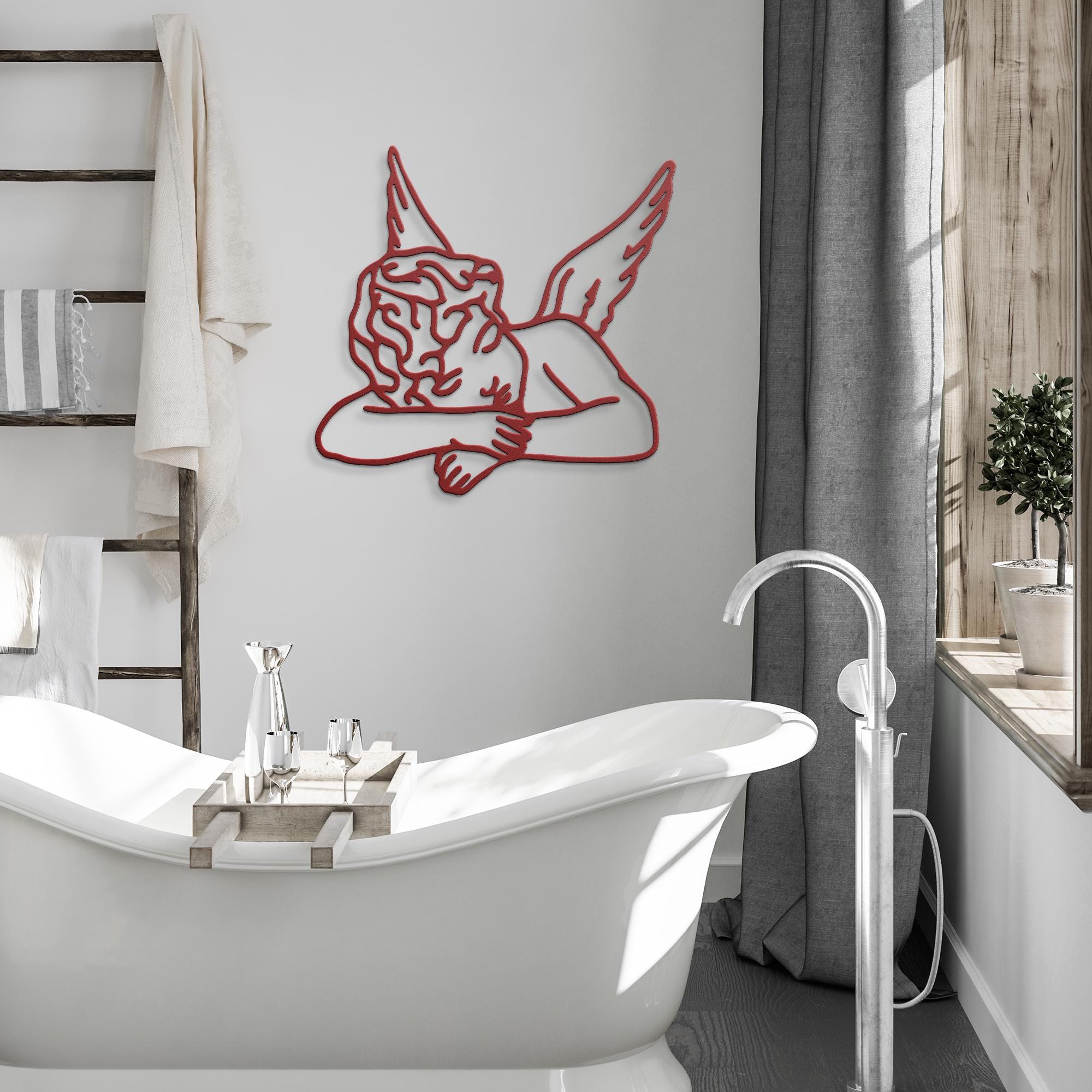Sleeping Angel Metal Wall Art | Cherub Die-Cut Sign | Ethereal Line Art Home Decor
