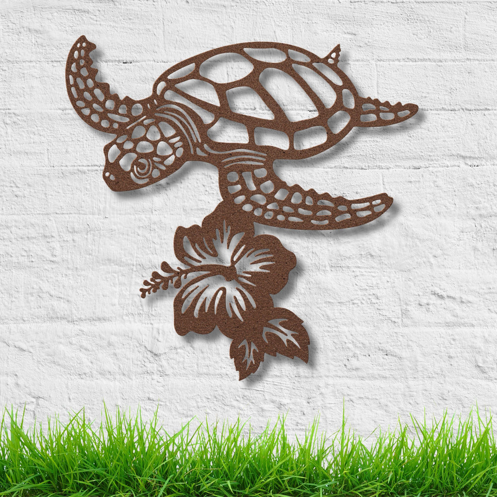Sea Turtle Metal Wall Art: Hibiscus Flower Coastal Decor