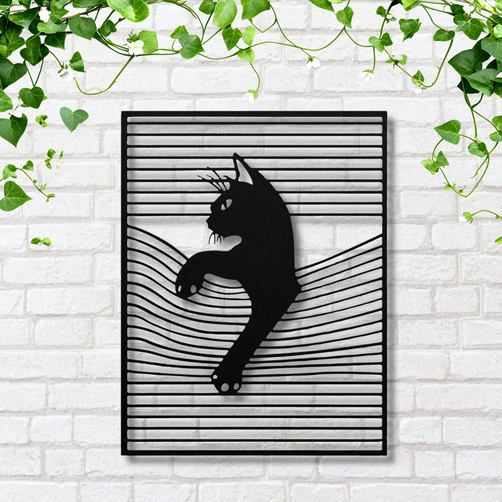 Curious Cat Metal Wall Art in Window Blinds | Feline Silhouette Sign | Unique Pet Lover Decor | Die-Cut Funny Gift